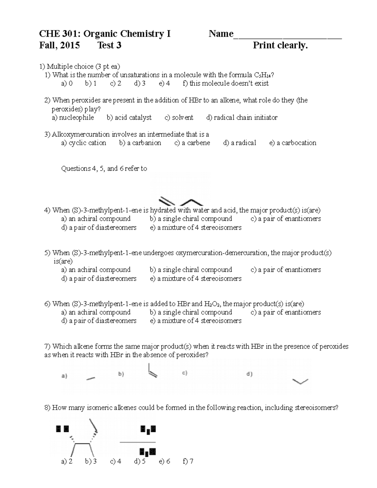 Fall, 2015 Test 3 - prof baker vcu chem 301 practice/sample test from ...
