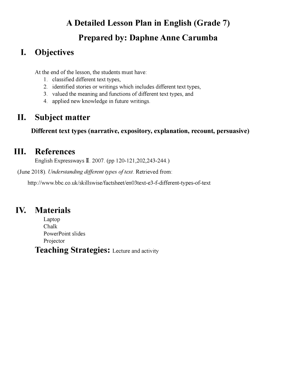 A Detailed Lesson Plan prin Of Teaching TEXT Types A Detailed 