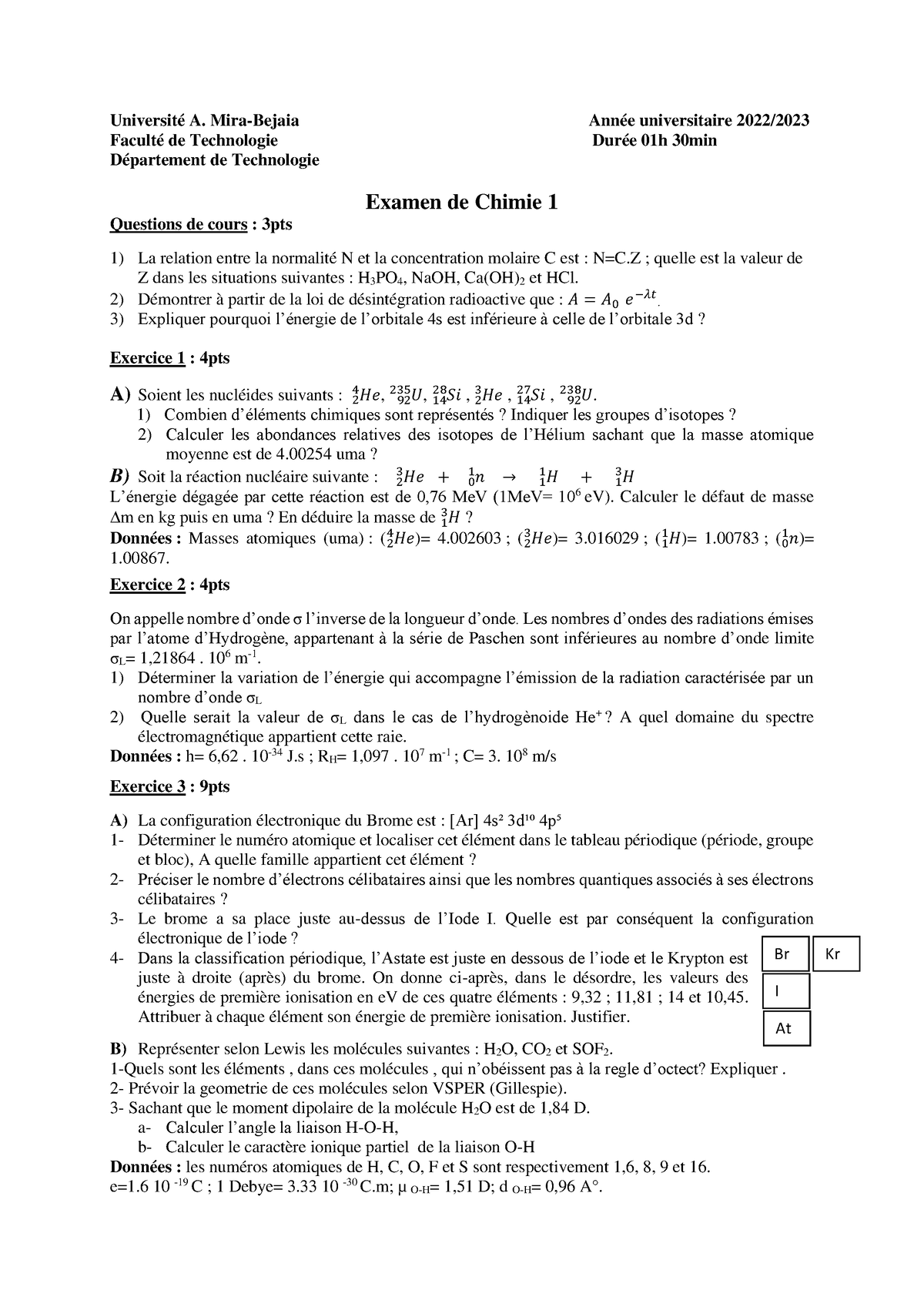 Examen 2+Solution Structure De La Matière (Chimie 1) - Université A ...