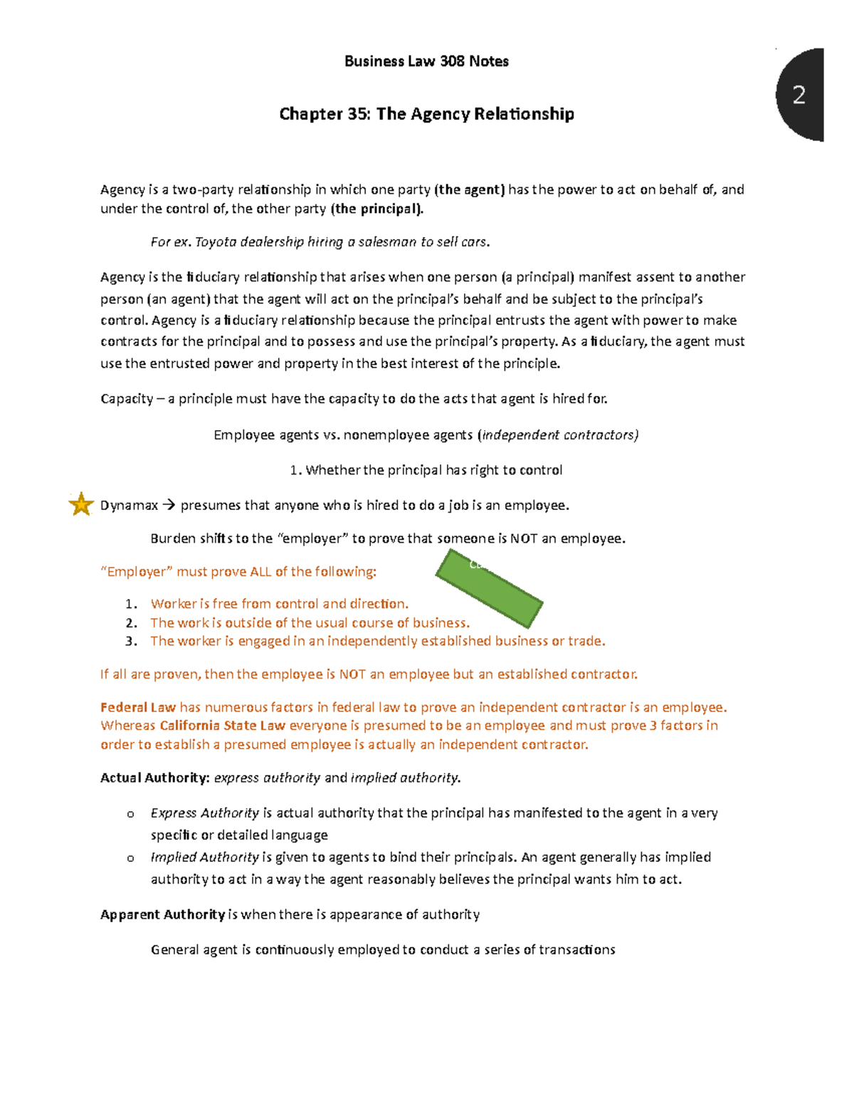 Business Law Notes - 2 Chapter 35: The Agency Relationship Agency is a ...