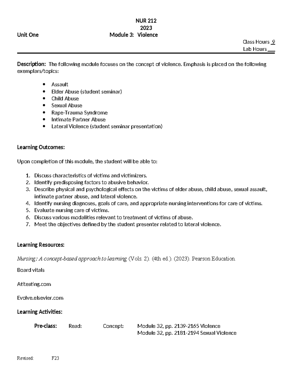 NUR 212 Module 3 Violence 2023 - NUR 212 2023 Unit One Module 3 ...