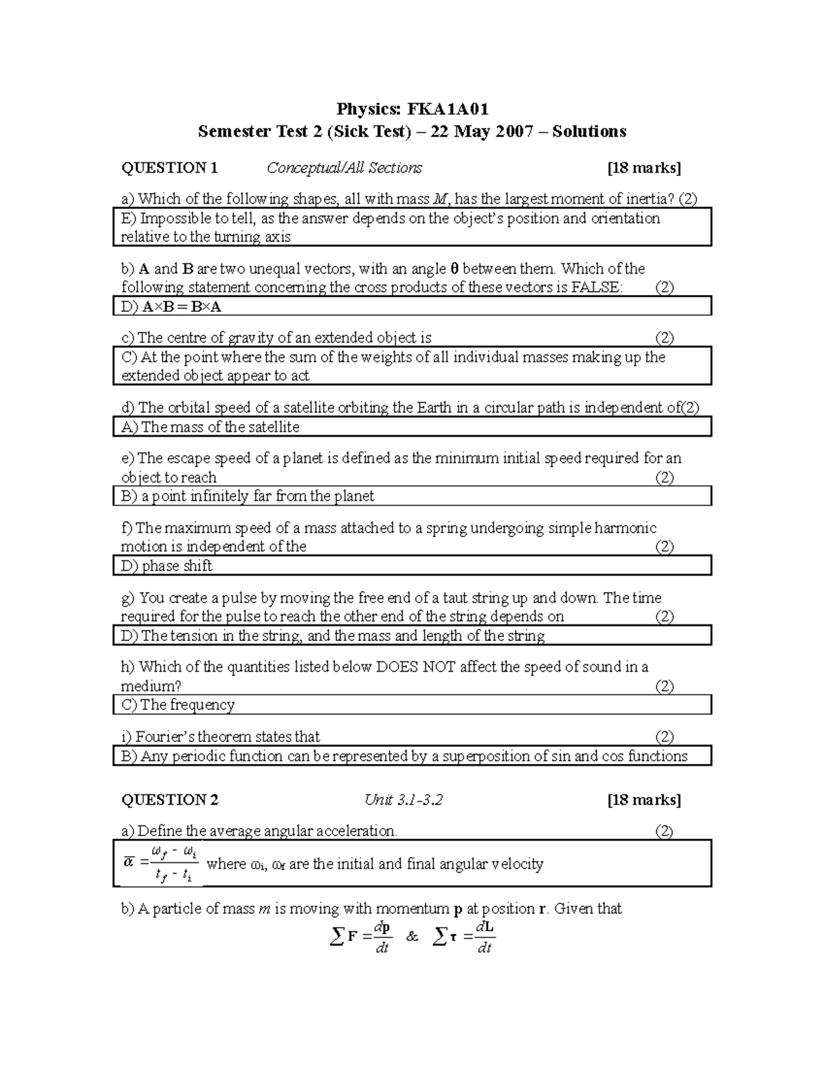 Exam May 2010, questions and answers - Physics: FKA1A01 Semester Test 2 ...