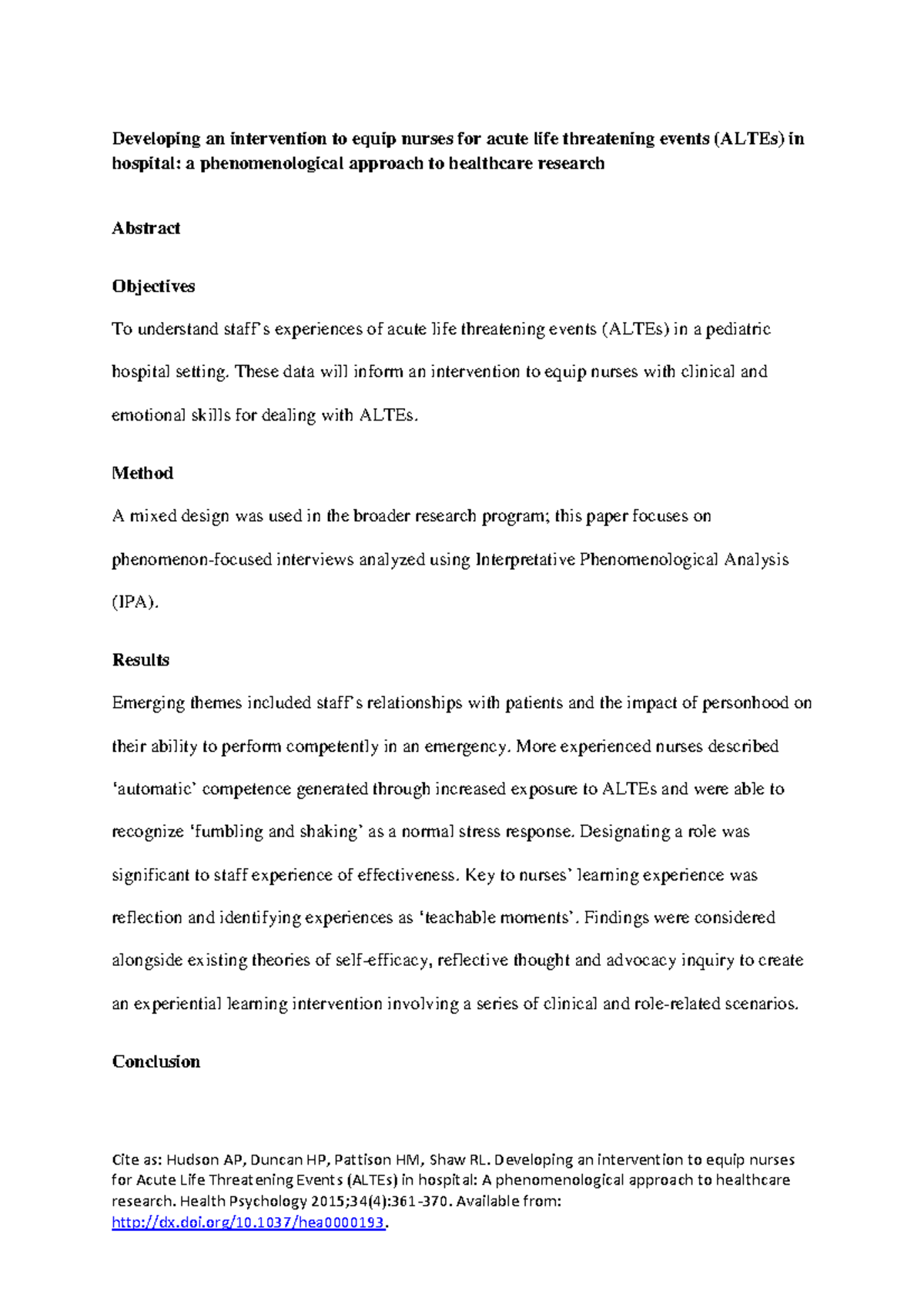 Developing an intervention to equip nurses for acute life threatening ...