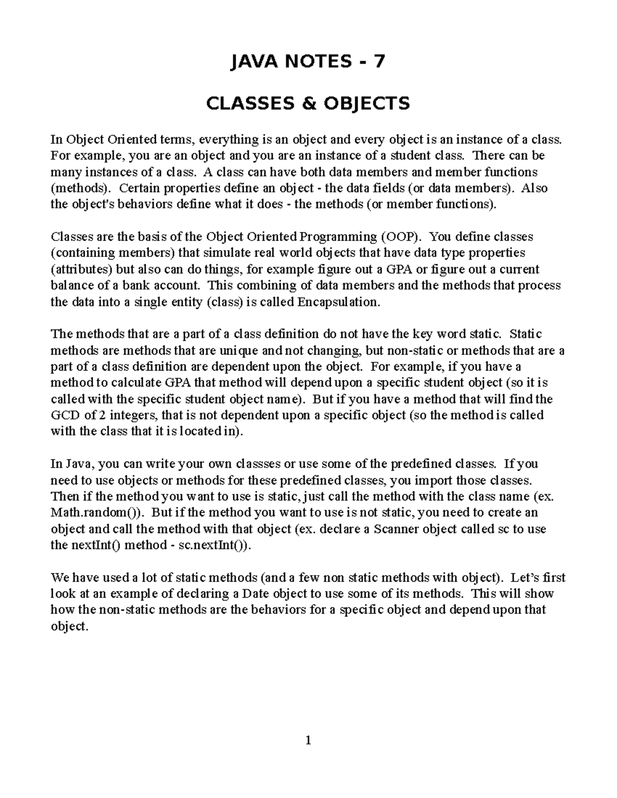 J7 - Lecture notes 7 - JAVA NOTES 7 CLASSES OBJECTS In Object Oriented ...