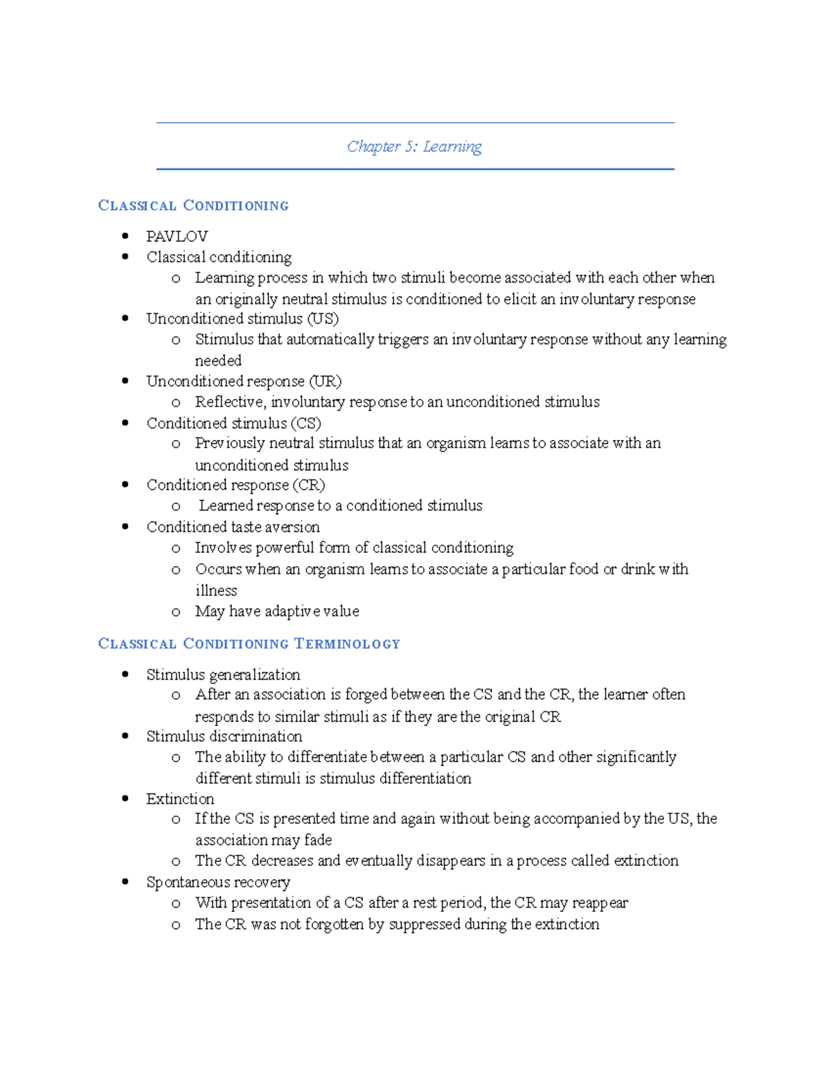 Chapter 5 - lecture notes - Chapter 5: Learning CLASSICAL CONDITIONING ...