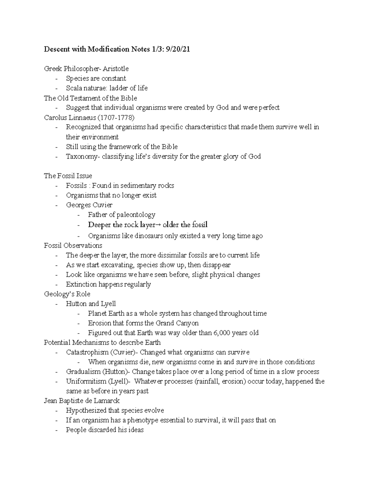 Biology 199 Unit 2 Notes - Descent with Modification Notes 1/3: 9/20 ...