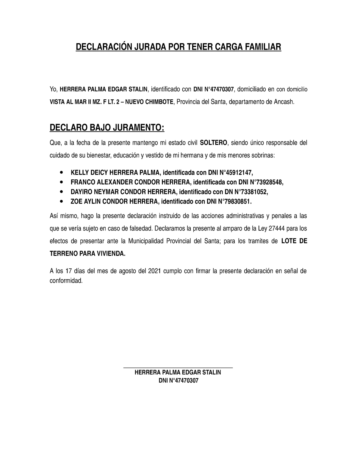 Declaración Jurada Por Tener Carga Familiar DeclaraciÓn Jurada Por Tener Carga Familiar Yo 2263