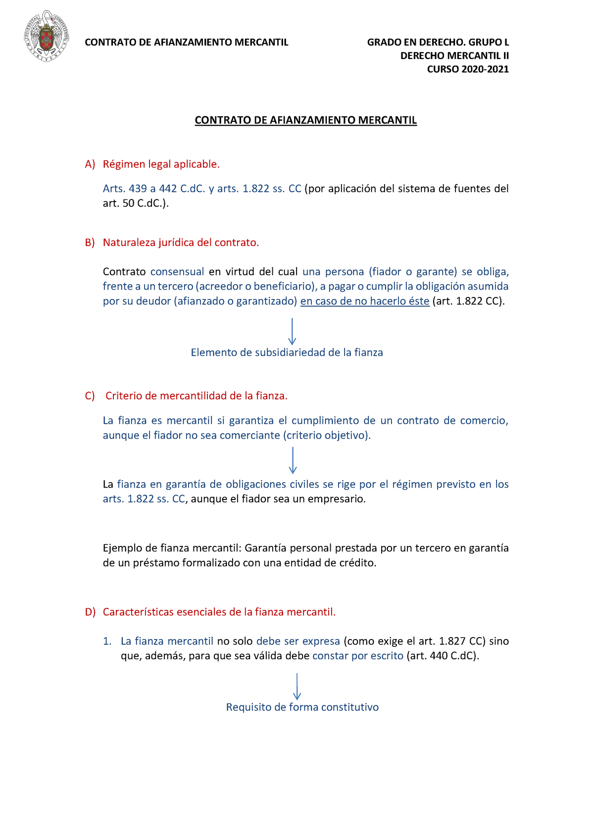  de afianzamiento mercantil. Derecho Mercantil II. Grupo L. Curso  2020-2021 - DERECHO - Studocu