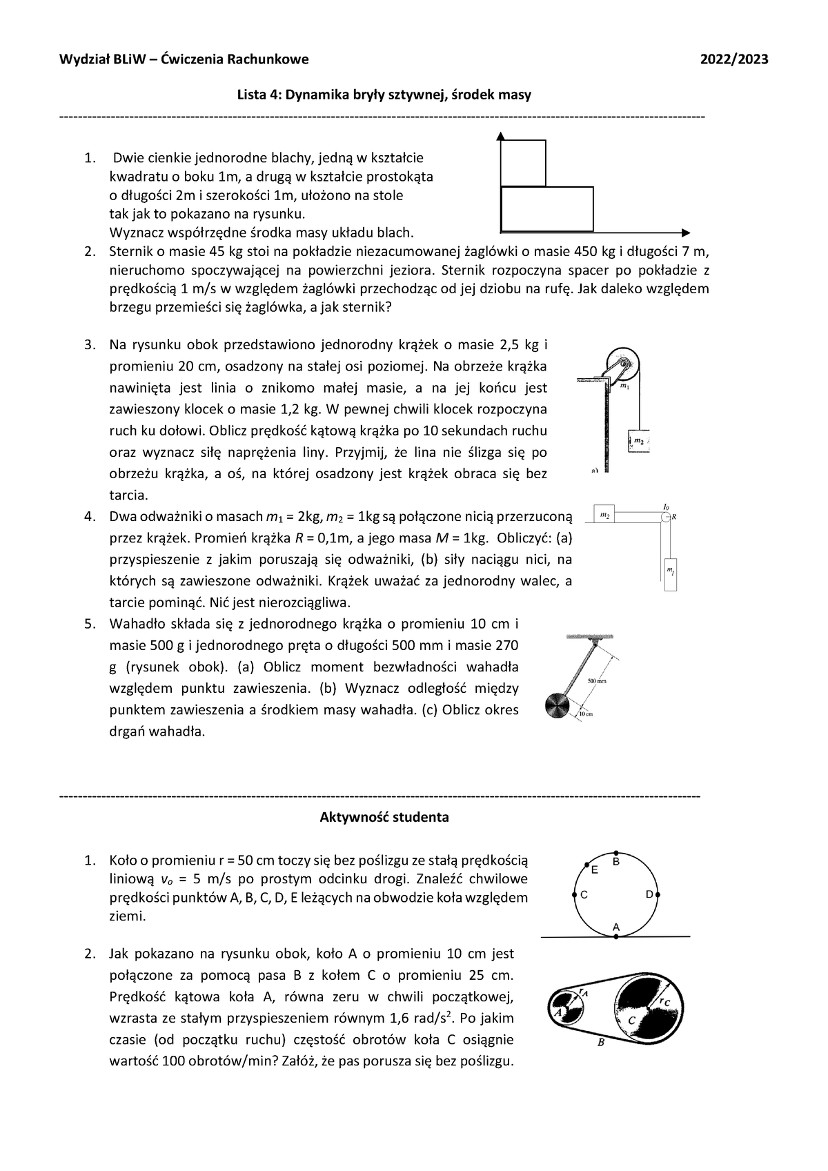 Lista 4 - Wydział BLiW – Ćwiczenia Rachunkowe 2022/ Lista 4: Dynamika ...