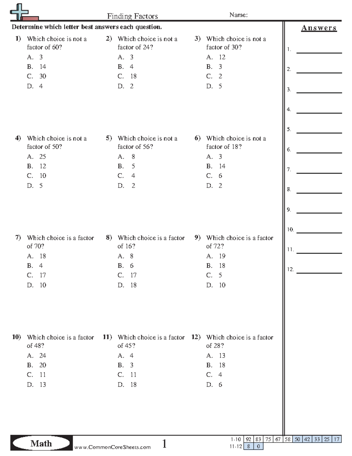 Finding Factors 1 N A Math CommonCoreSheets Name A N S W E R S 1