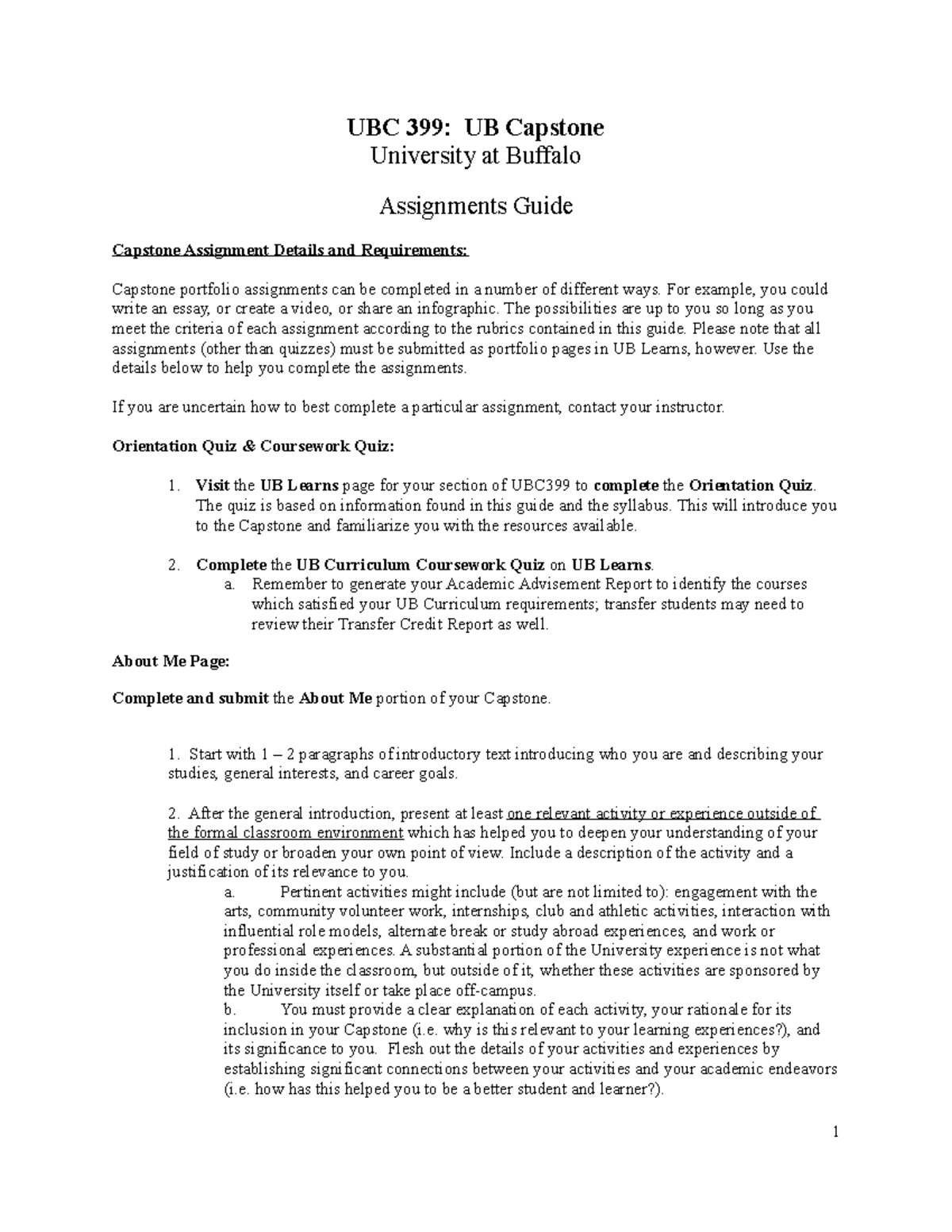 UBC 399 Assignments Guide - UBC 399: UB Capstone University at Buffalo ...