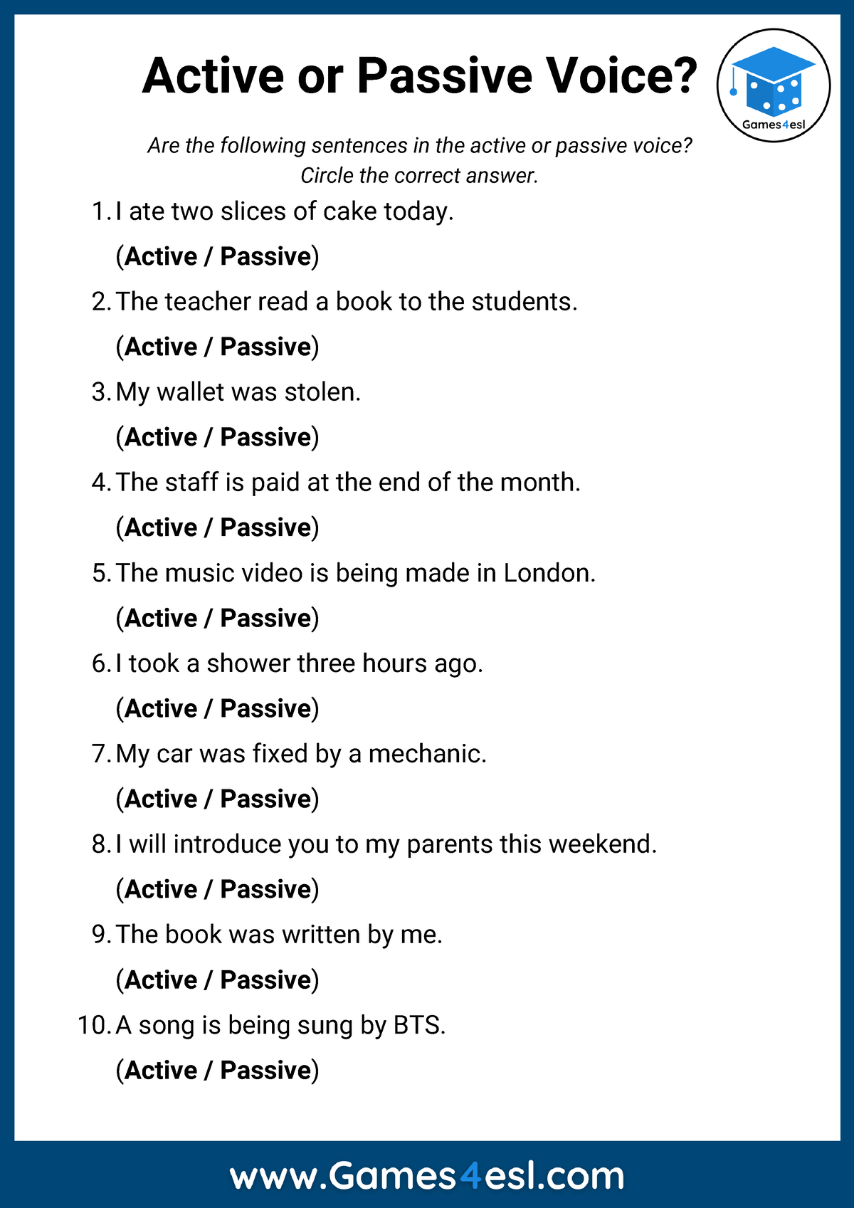 Active Or Passive Voice Quiz PDF - I ate two slices of cake today ...