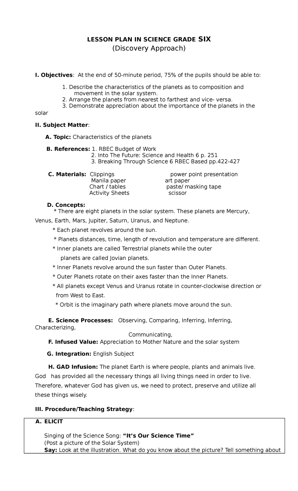 Lesson PLAN IN Science 6 LESSON PLAN IN SCIENCE GRADE SIX Discovery 