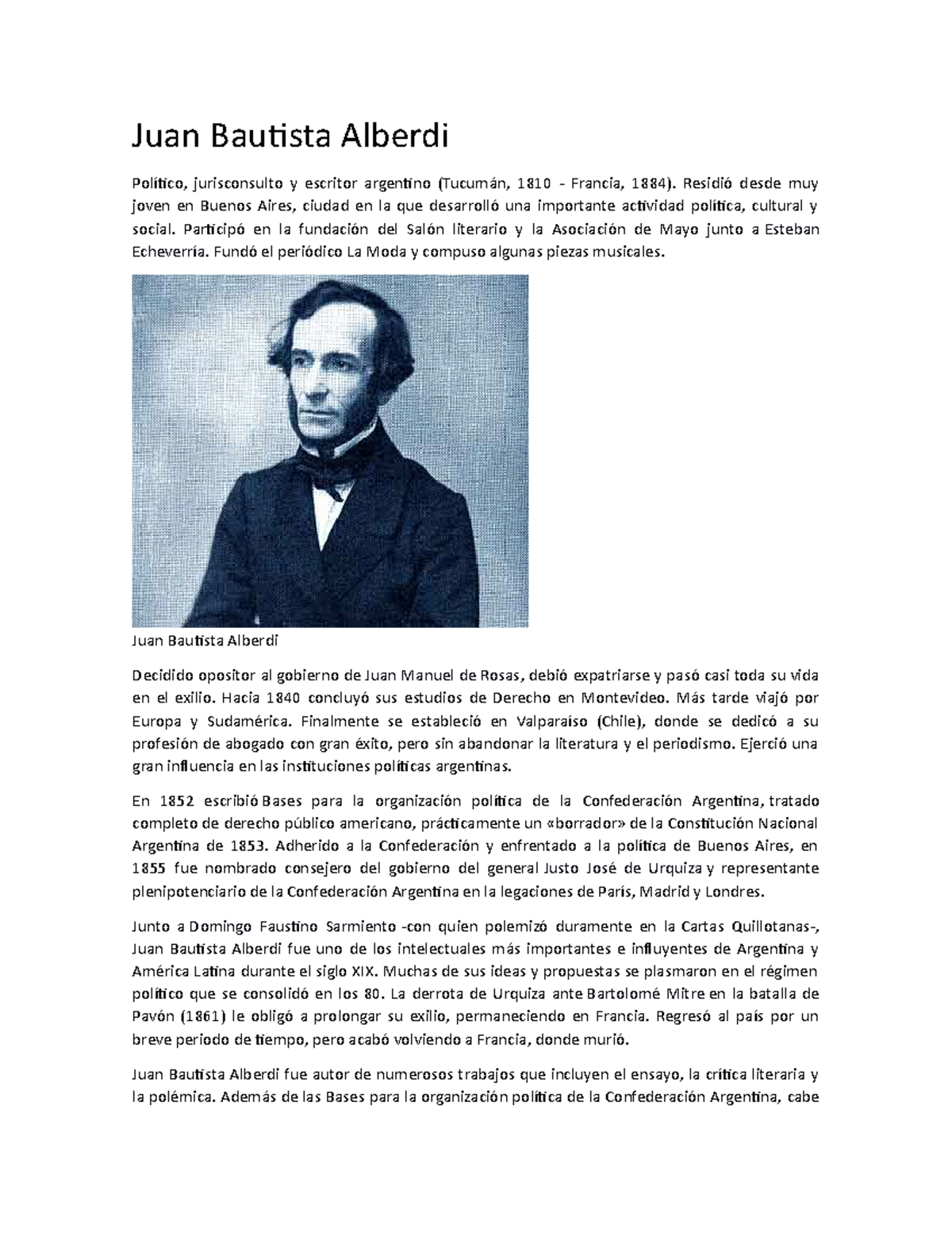 Juan Bautista Alberdi - Historia Universal - UNAM - Studocu