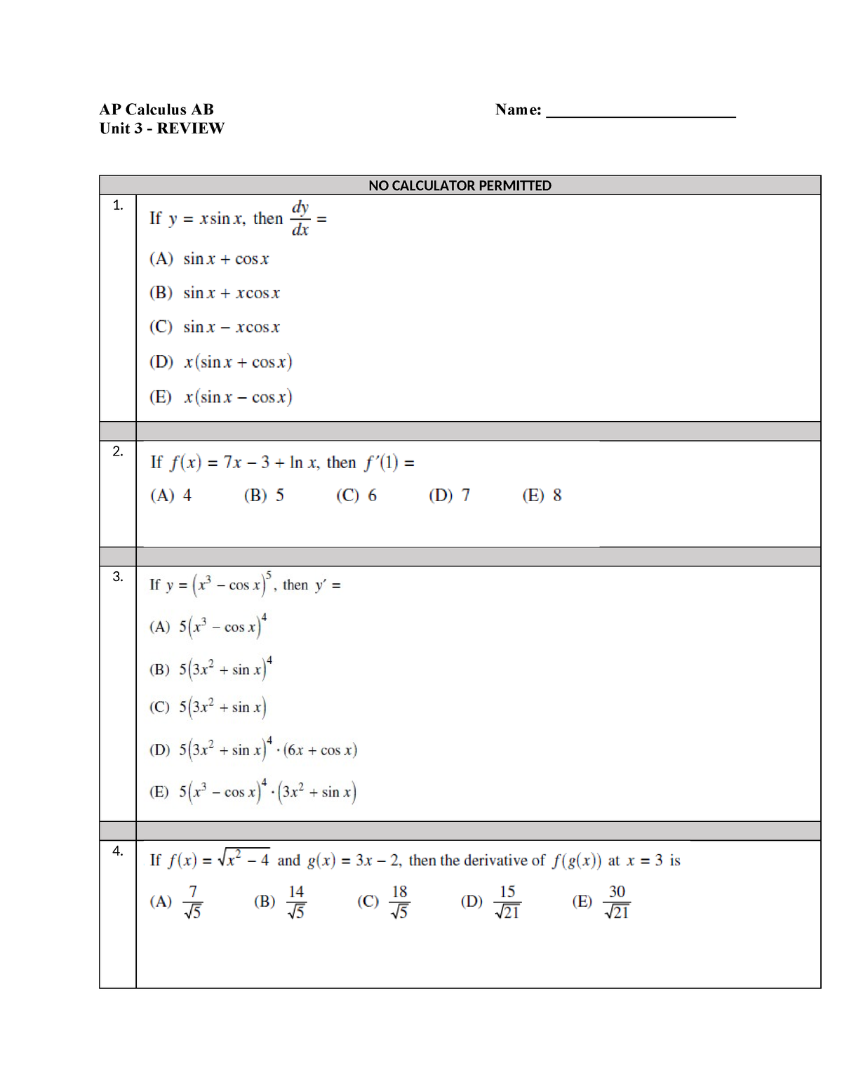 Unit 3 - review - notes on unit 3 - ####### AP Calculus AB Name