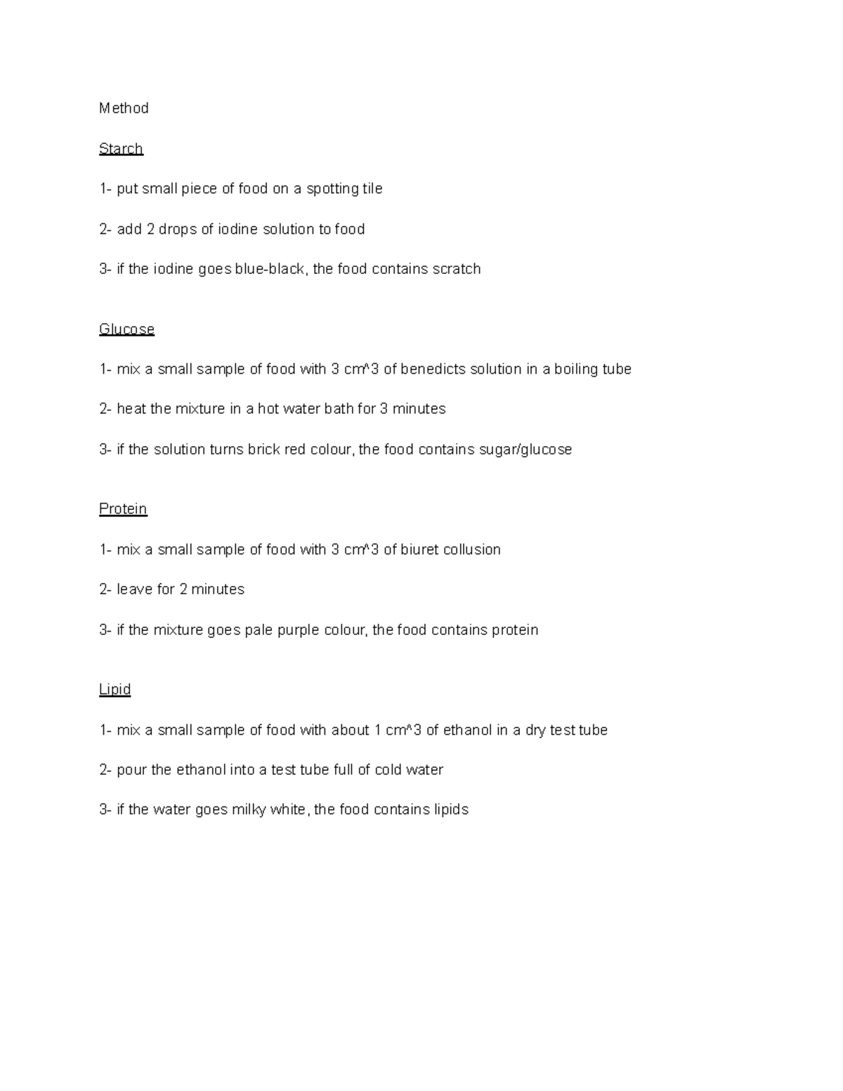 Food tests - food test RP - Method Starch 1- put small piece of food on ...