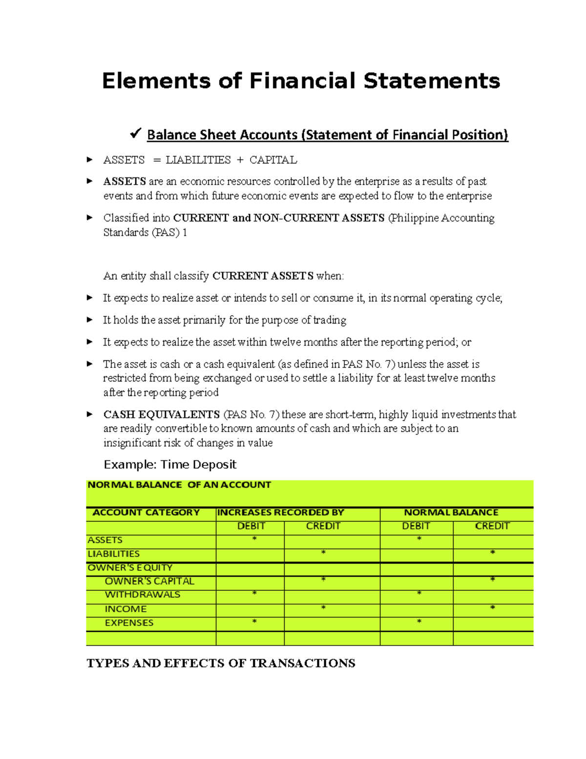 Basic Accounting - Elements of Financial Statements Balance Sheet ...