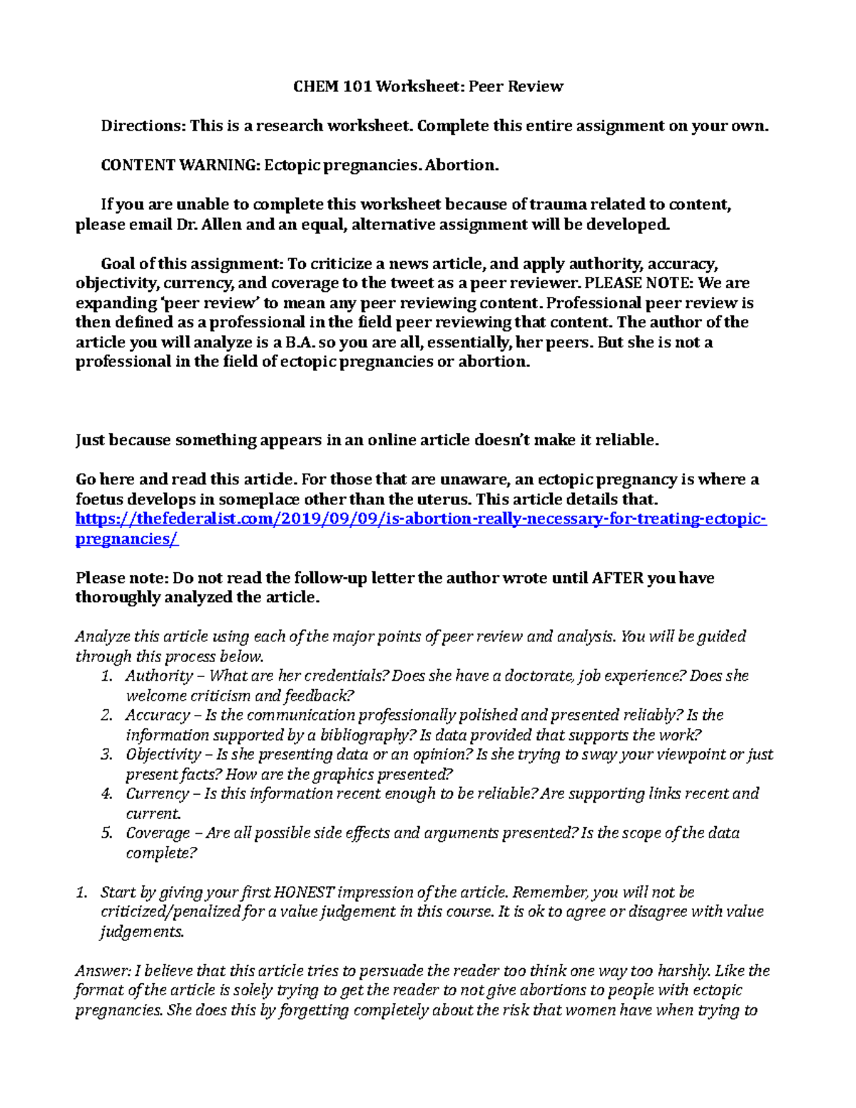 Module 2b Chemistry - N/A - CHEM 101 Worksheet: Peer Review Directions ...