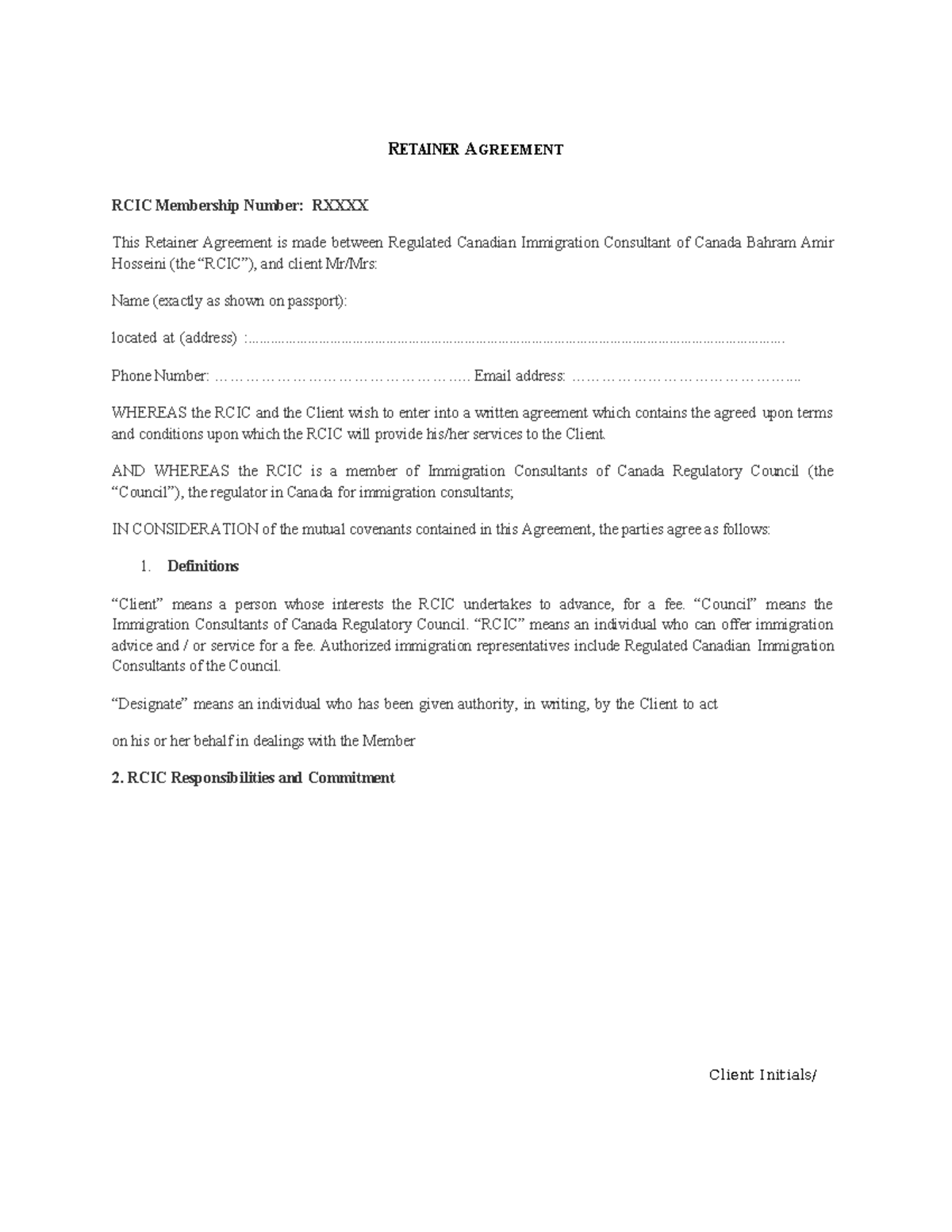 Retainer-3 - Sample of Retainer Agreement - Client Initials/ R ETAINER ...