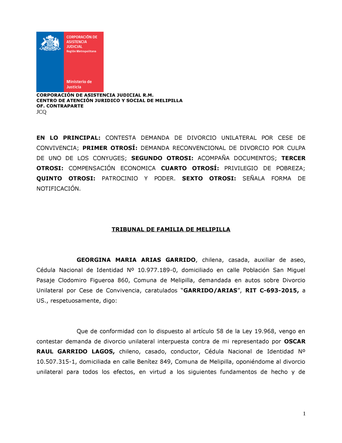 Contesta DDA Divorcio Unilateral DDA Compensacion ECON C-693-2015 -  CORPORACIÓN DE ASISTENCIA - Studocu