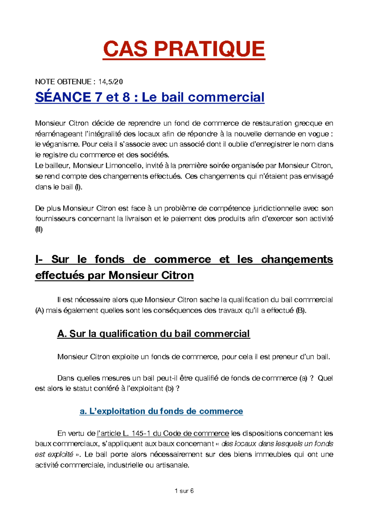 Cas Pratique Le Bail Commericial - CAS PRATIQUE NOTE OBTENUE : 14 ,5 ...