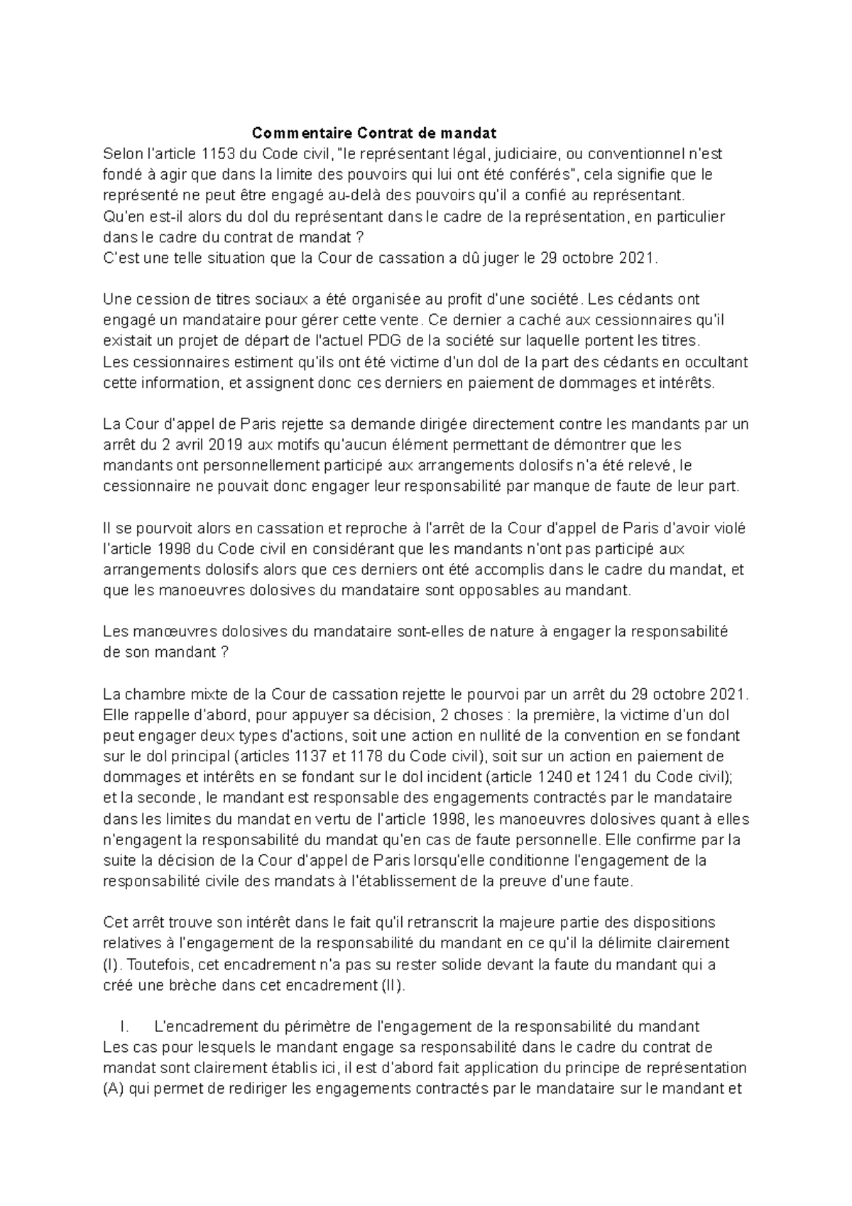 Commentaire Contrat de mandat - Qu’en est-il alors du dol du ...