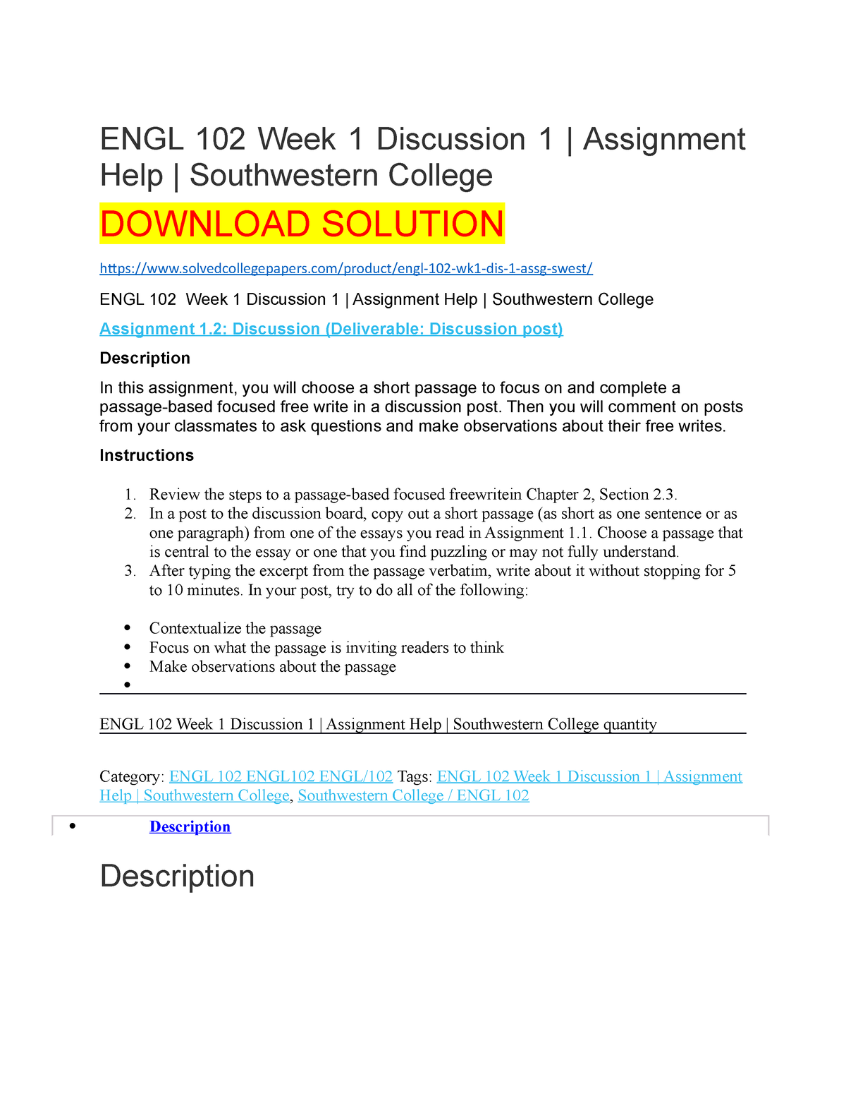 ENGL 102 Week 1 Discussion 1 Assignment Help Southwestern College ...