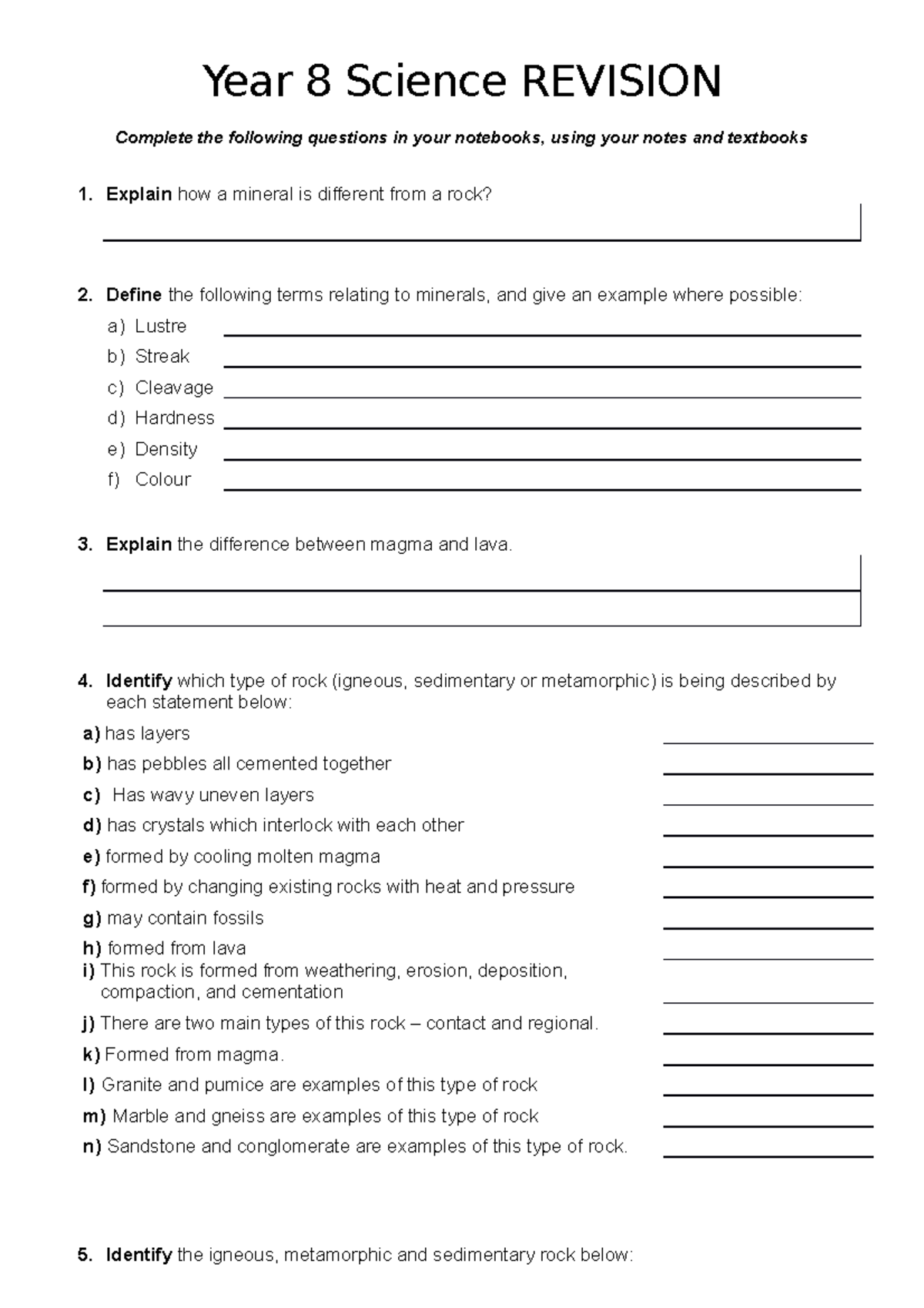 2023 Rocks Revision Sheet - Year 8 Science REVISION Complete the ...