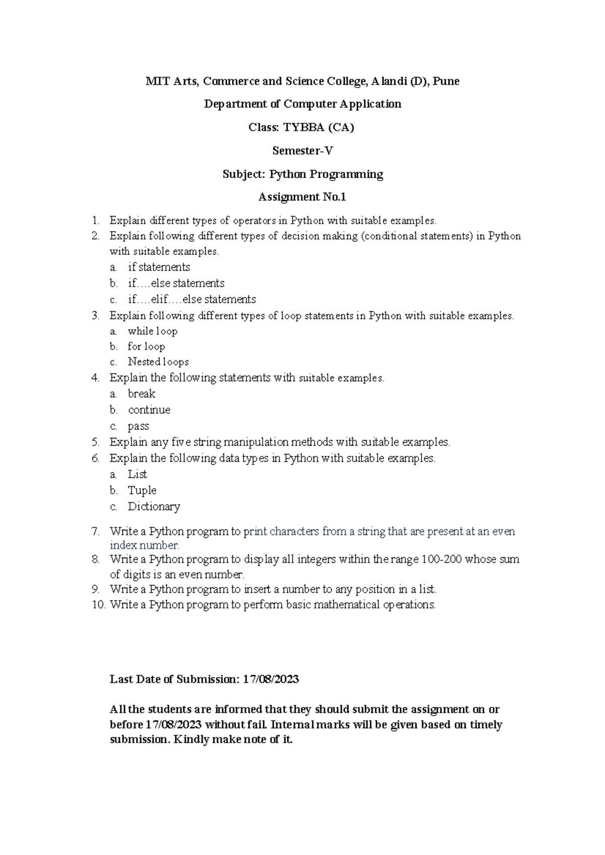 Python Assignment - MIT Arts, Commerce and Science College, Alandi (D ...