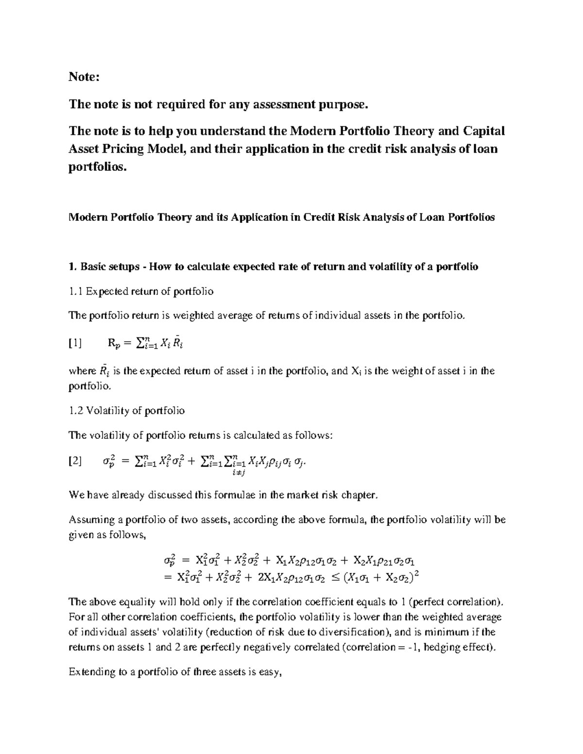 Lecture 5 Credit Risk II (Loan Portfolio Risk) - supplemental note 1 ...