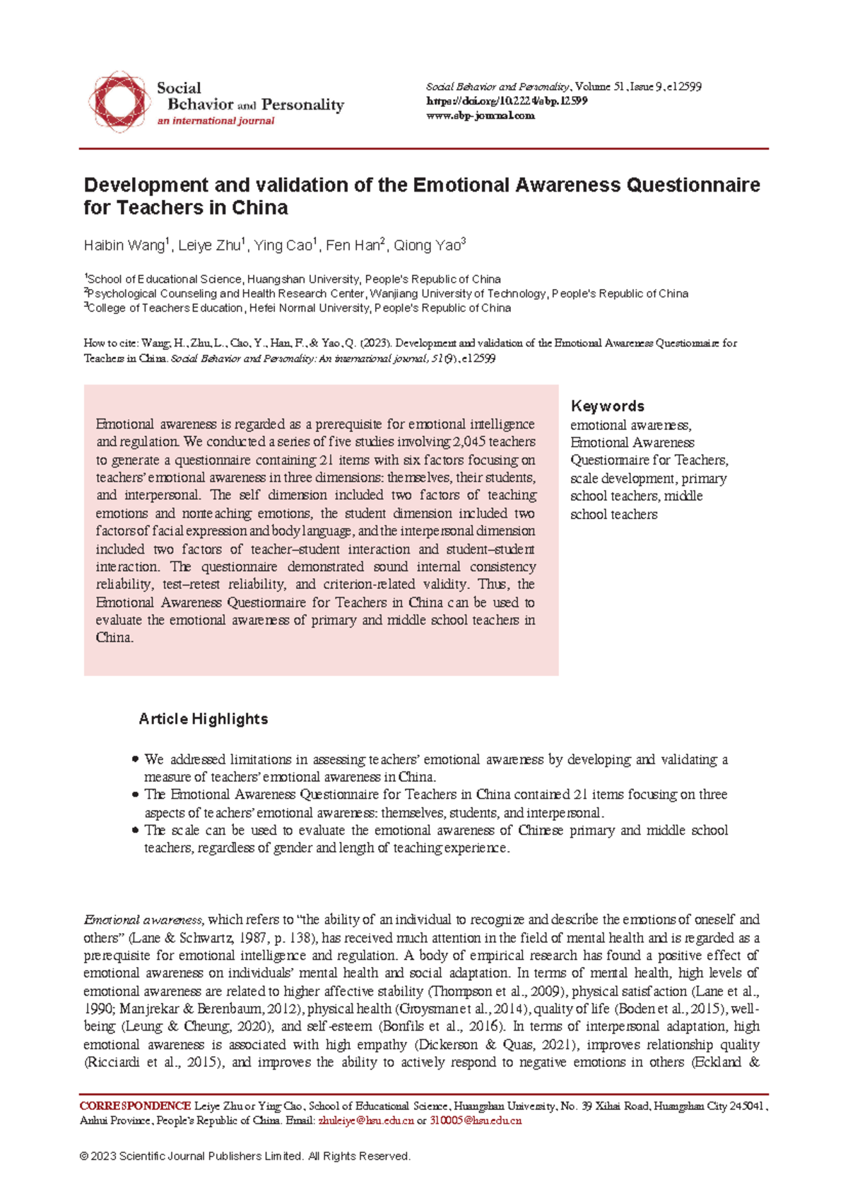 Development and validation of the Emotional Awareness Questionnaire for ...
