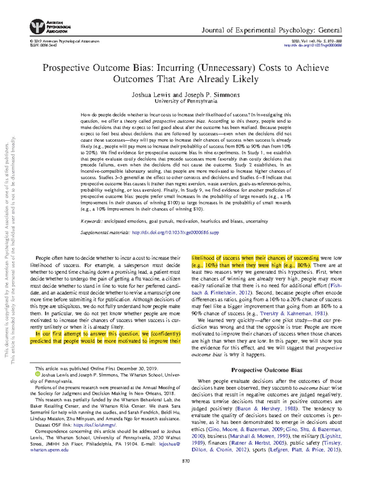SYG Assignment - Prospective Outcome Bias: Incurring (Unnecessary ...