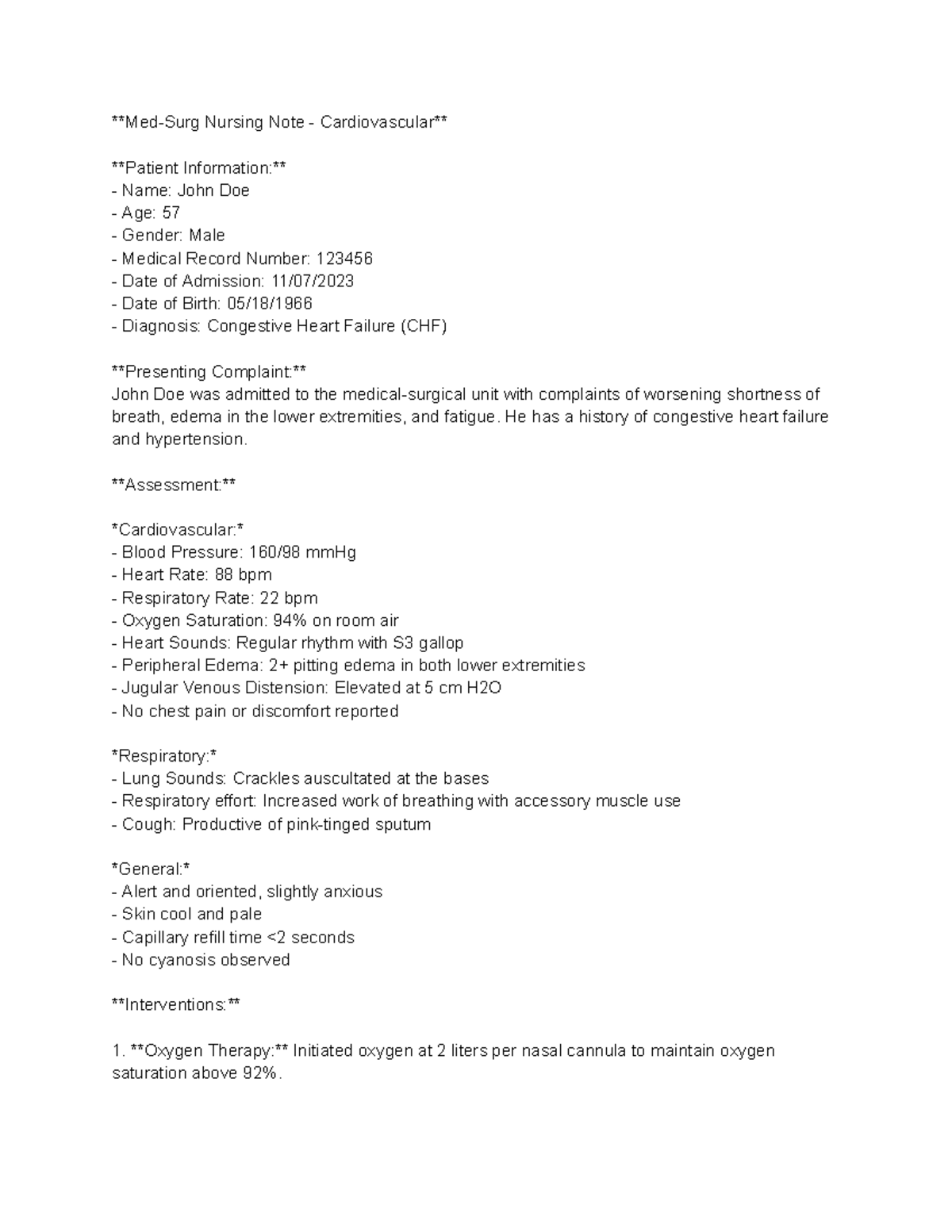 Case study - Med-Surg Nursing Note - Cardiovascular Patient Information ...