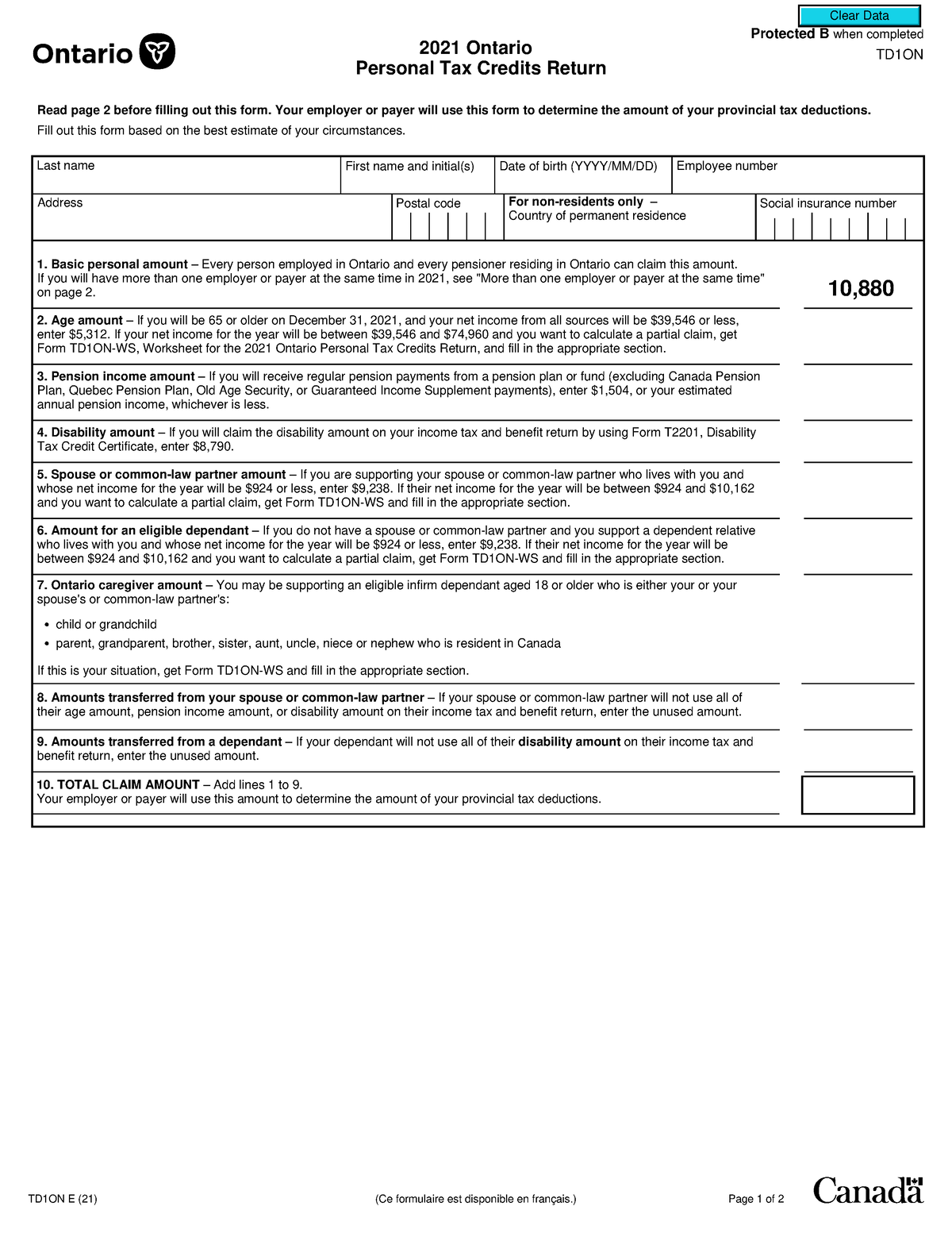 Td1on Fillable Form Printable Forms Free Online