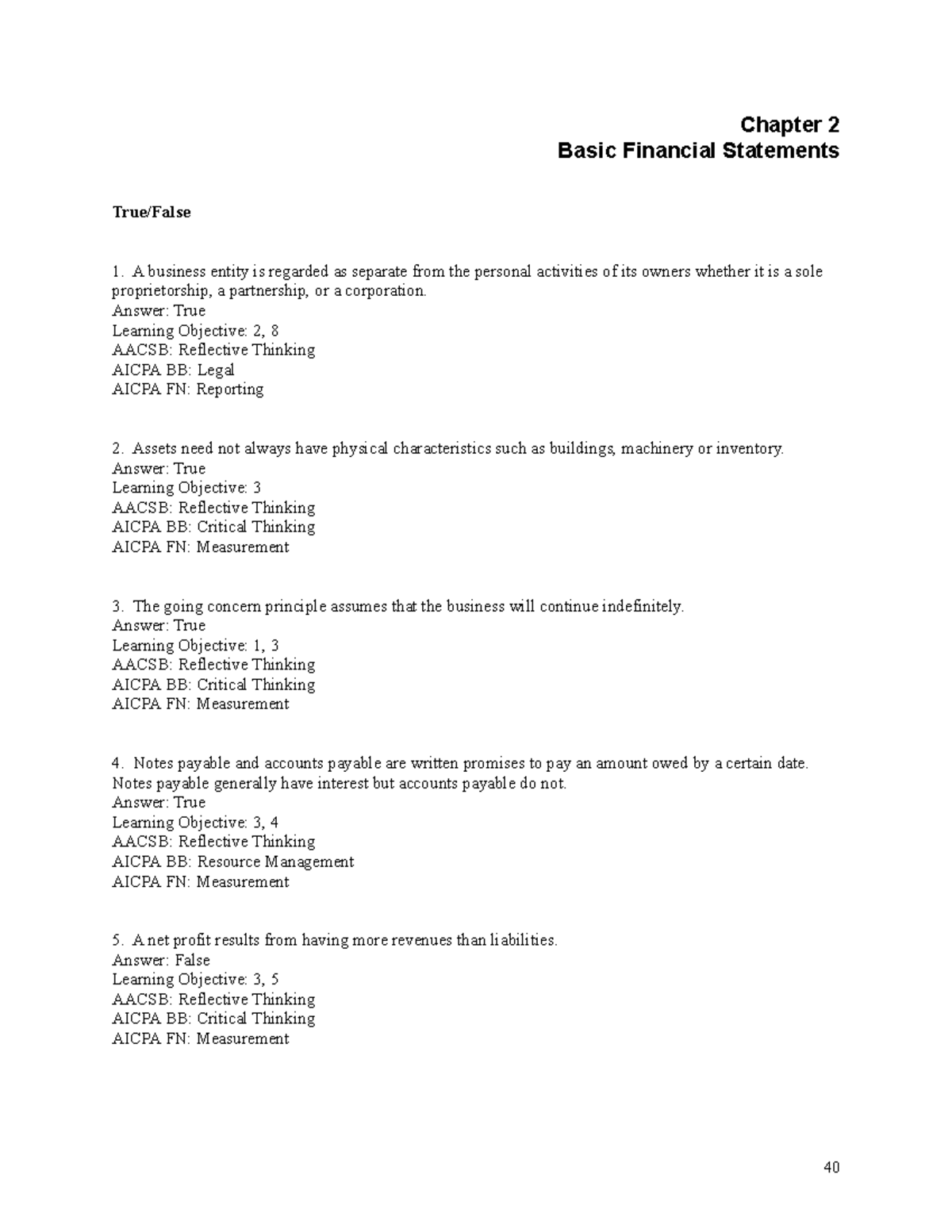 Ch2 - Chapter 2 Basic Financial Statements True/False A business entity ...