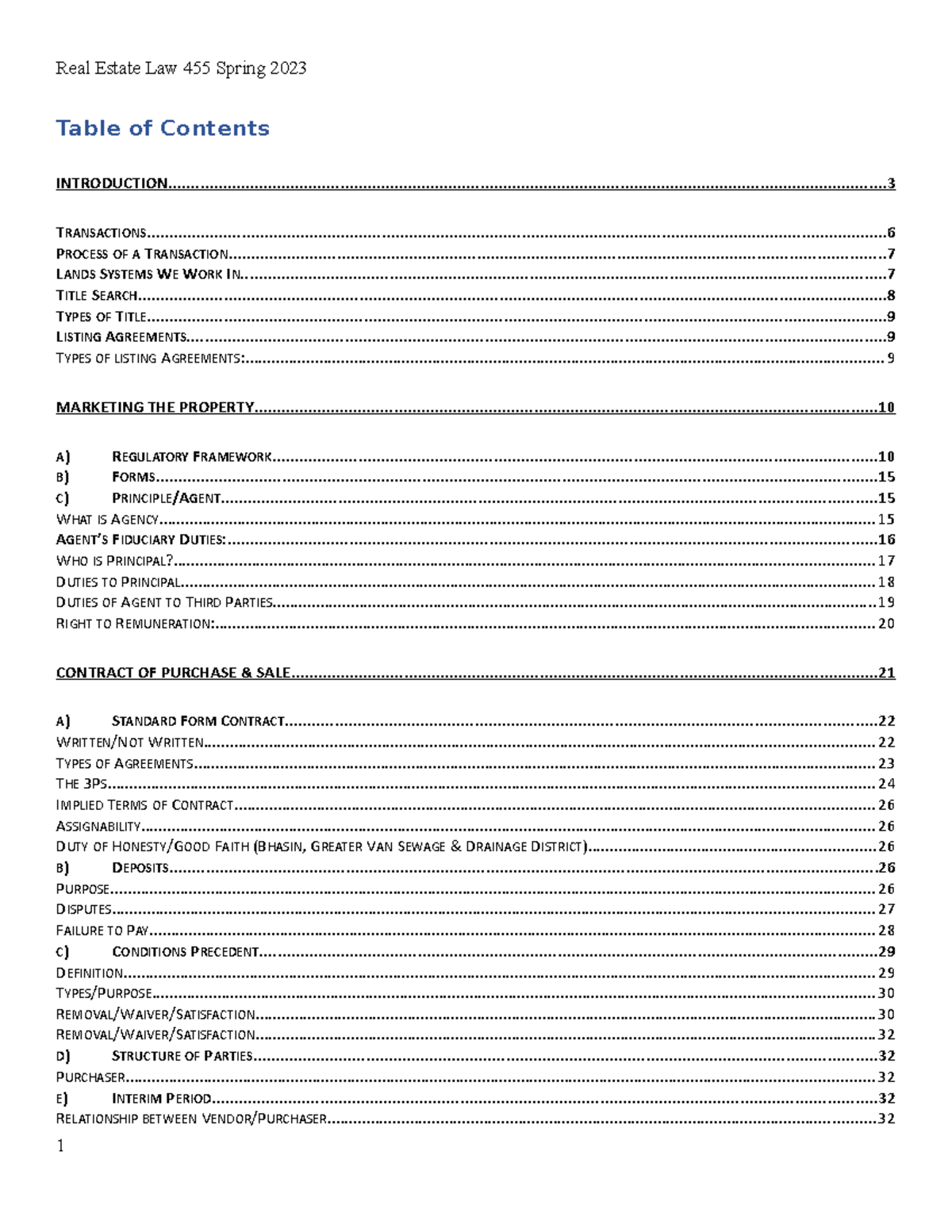 Real estate 455 exam notes - Table of Contents Real Estate Law 455 ...