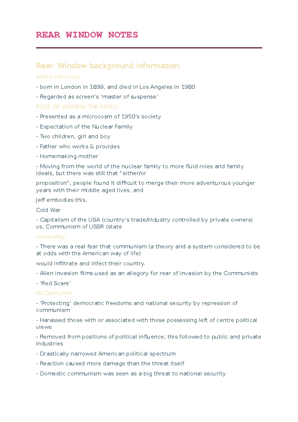 REAR Window Notes. for english REAR WINDOW NOTES Rear. Window