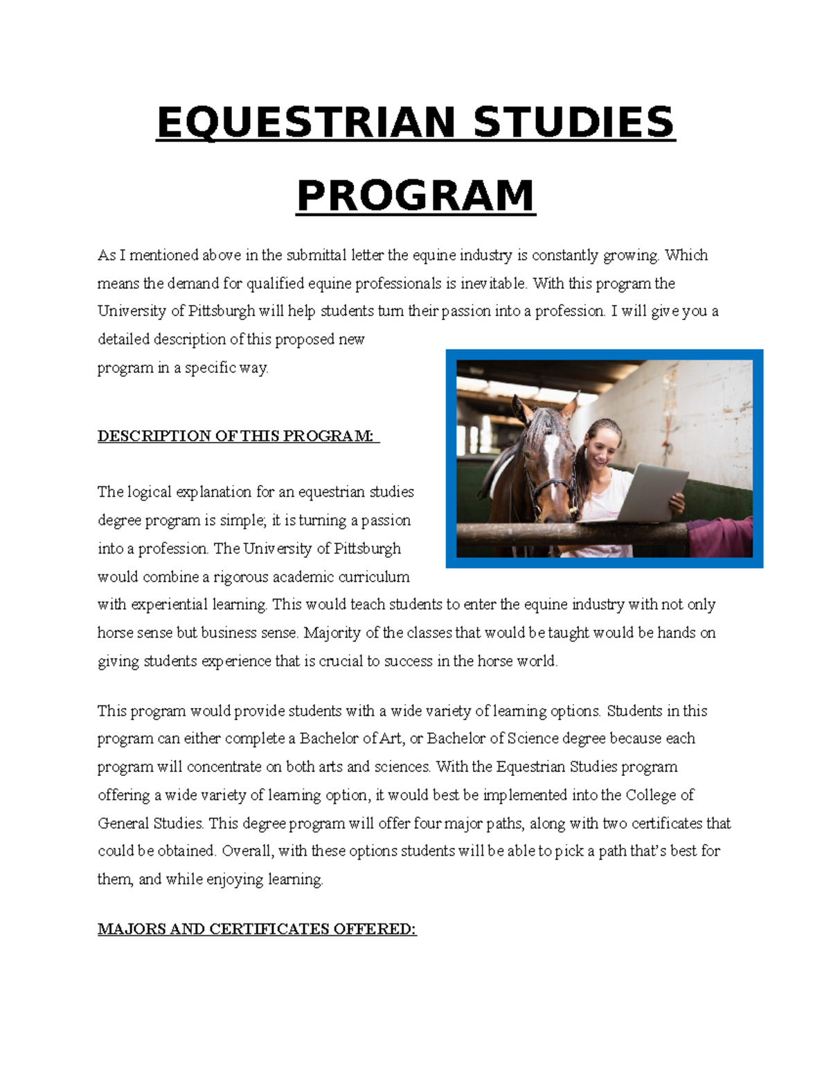 Equestrian Studies Program - EQUESTRIAN STUDIES PROGRAM As I mentioned ...