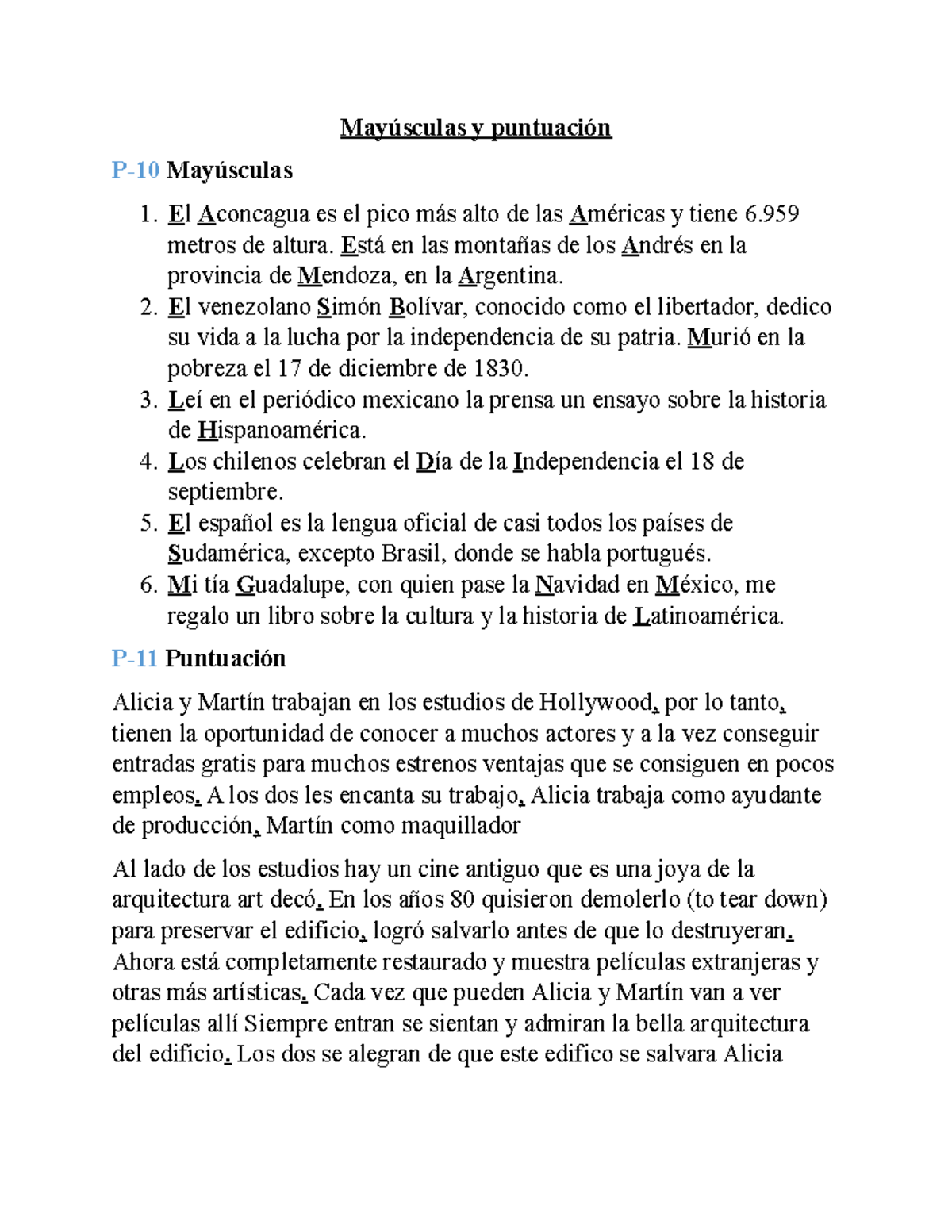 Spanish 3 - homework - Mayúsculas y puntuación P-10 Mayúsculas El ...