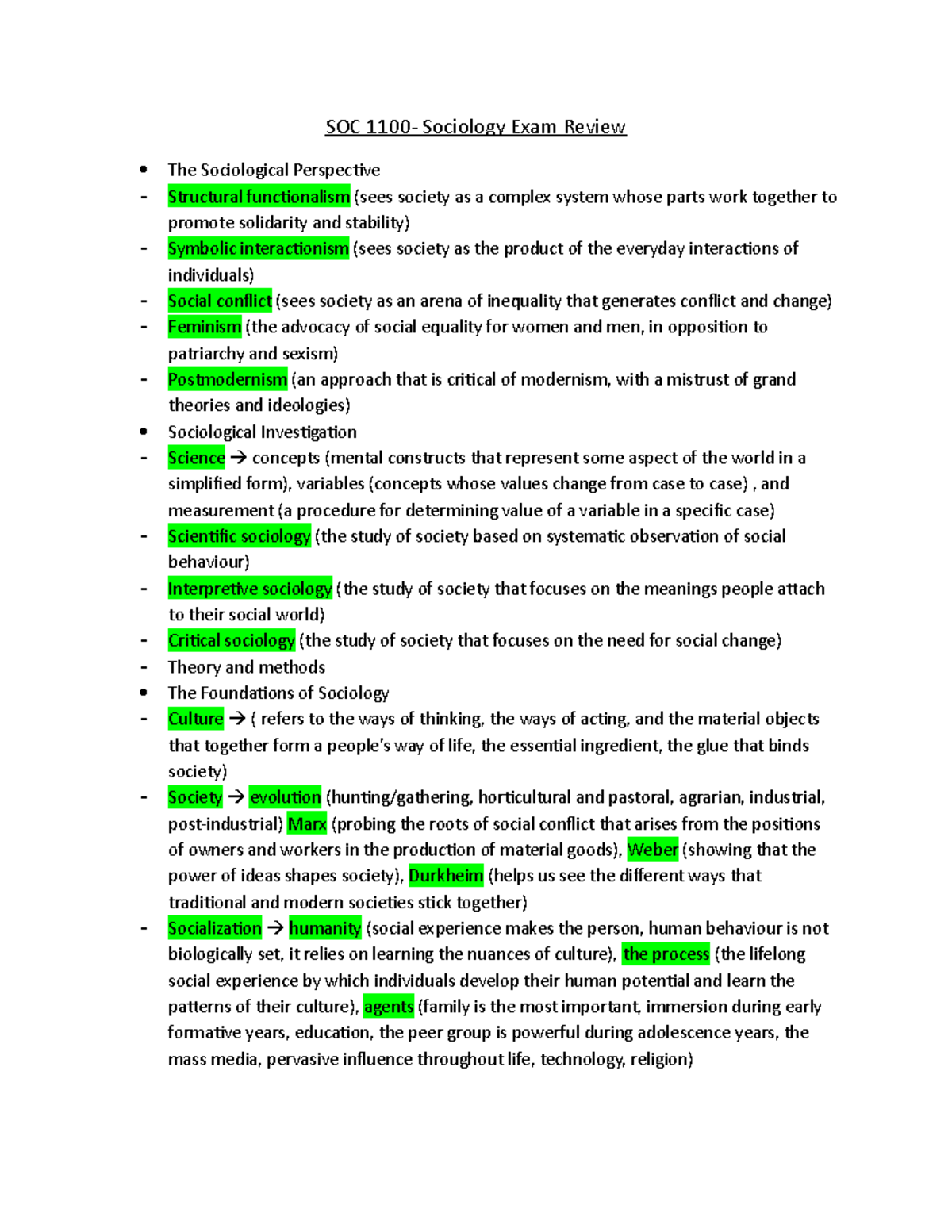 Summary Sociology SFW: - Exam Review - SOC 1100- Sociology Exam Review ...