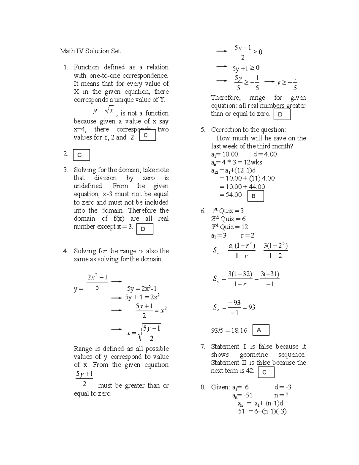 Math - Math Diagnostic - Math IV Solution Set: Function defined as a ...