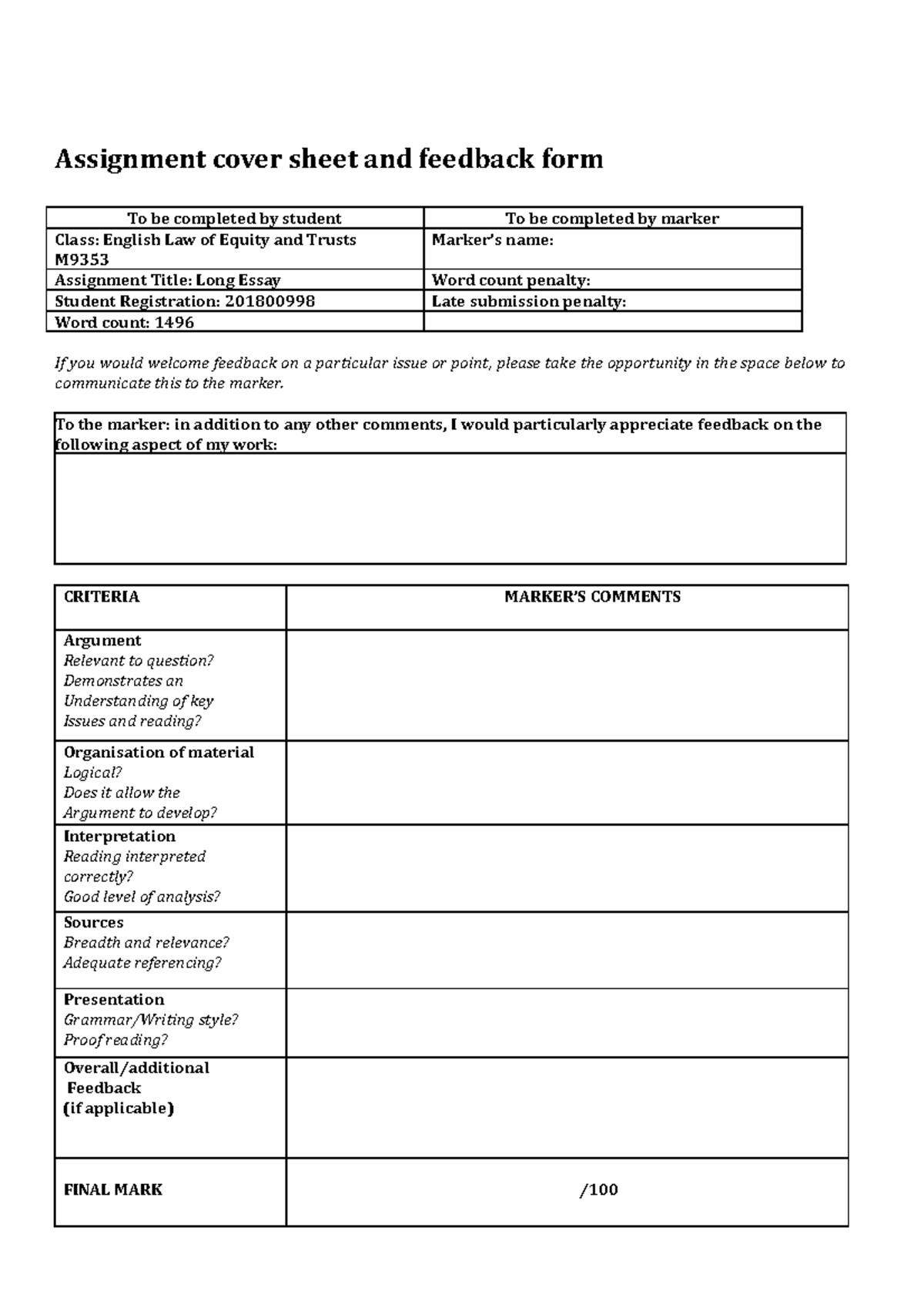 Equity and Trusts essay - Assignment cover sheet and feedback form To ...