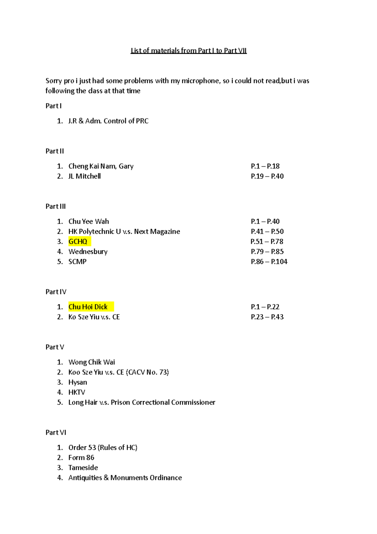  List Of Reference Materials List Of Materials From Part I To Part VII 