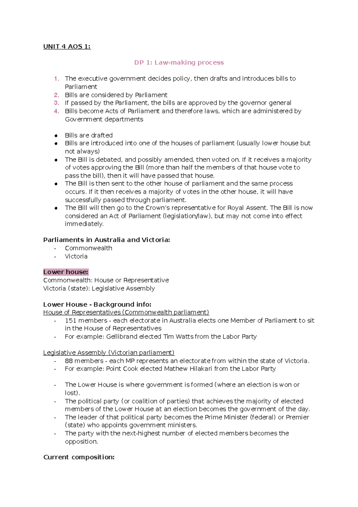 Legal UNIT 4 - UNIT 4 AOS 1: DP 1: Law-making process The executive ...