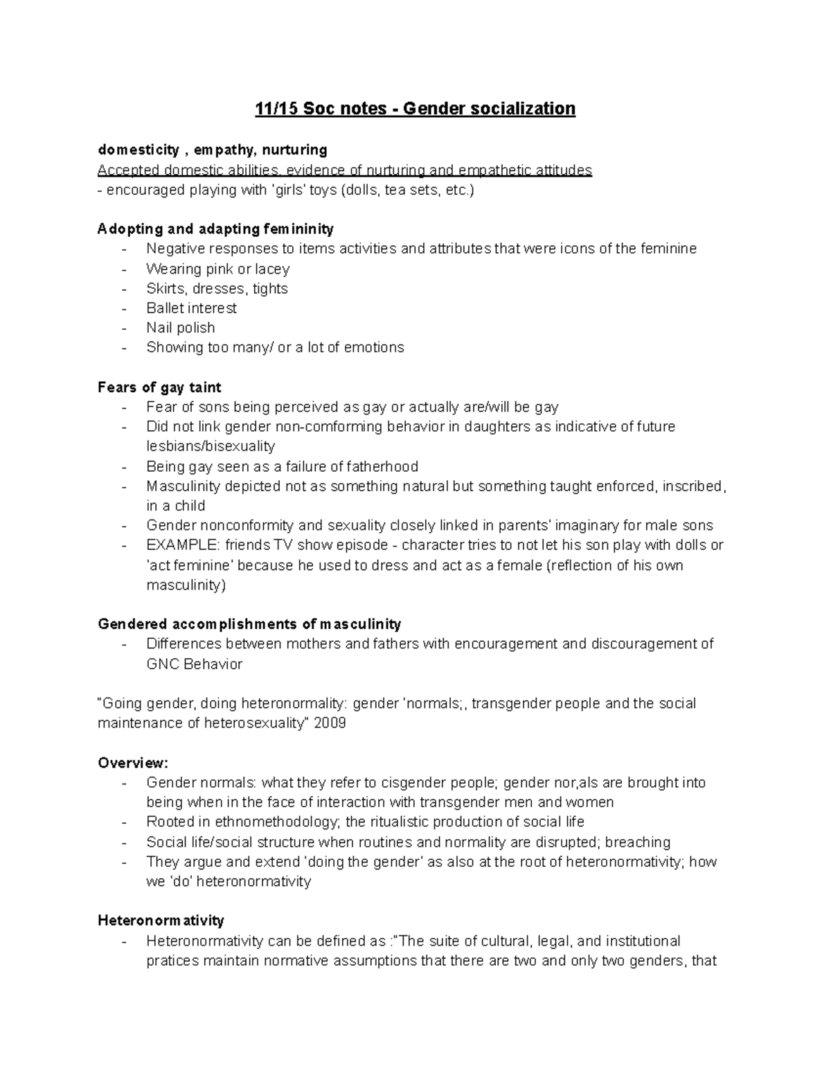 11 15 - SOC Notes - 11/15 Soc notes - Gender socialization domesticity ...