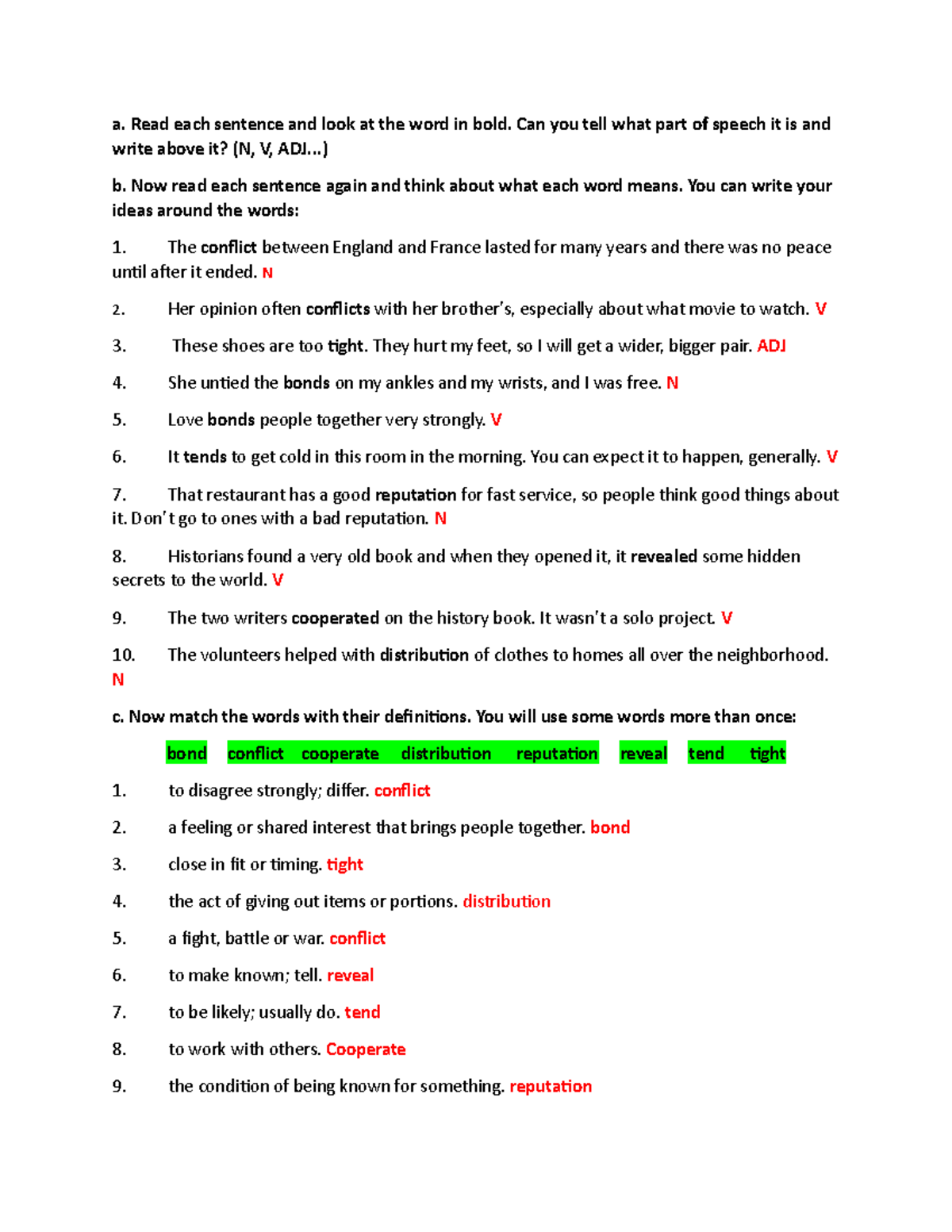 Unit 1A vocabulary worksheet - a. Read each sentence and look at the ...