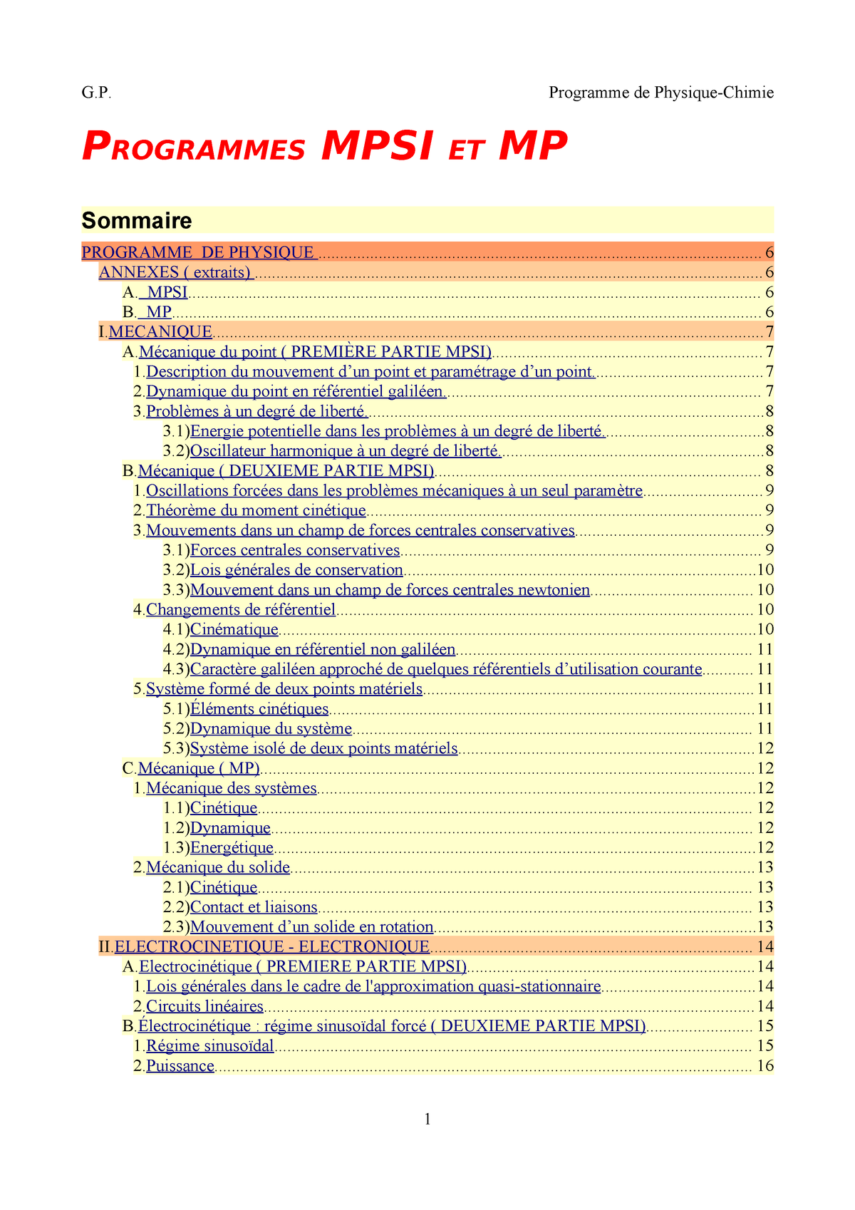 Ancien programme PhysiqueChimie sup et spe MP PROGRAMMES MPSI ET MP