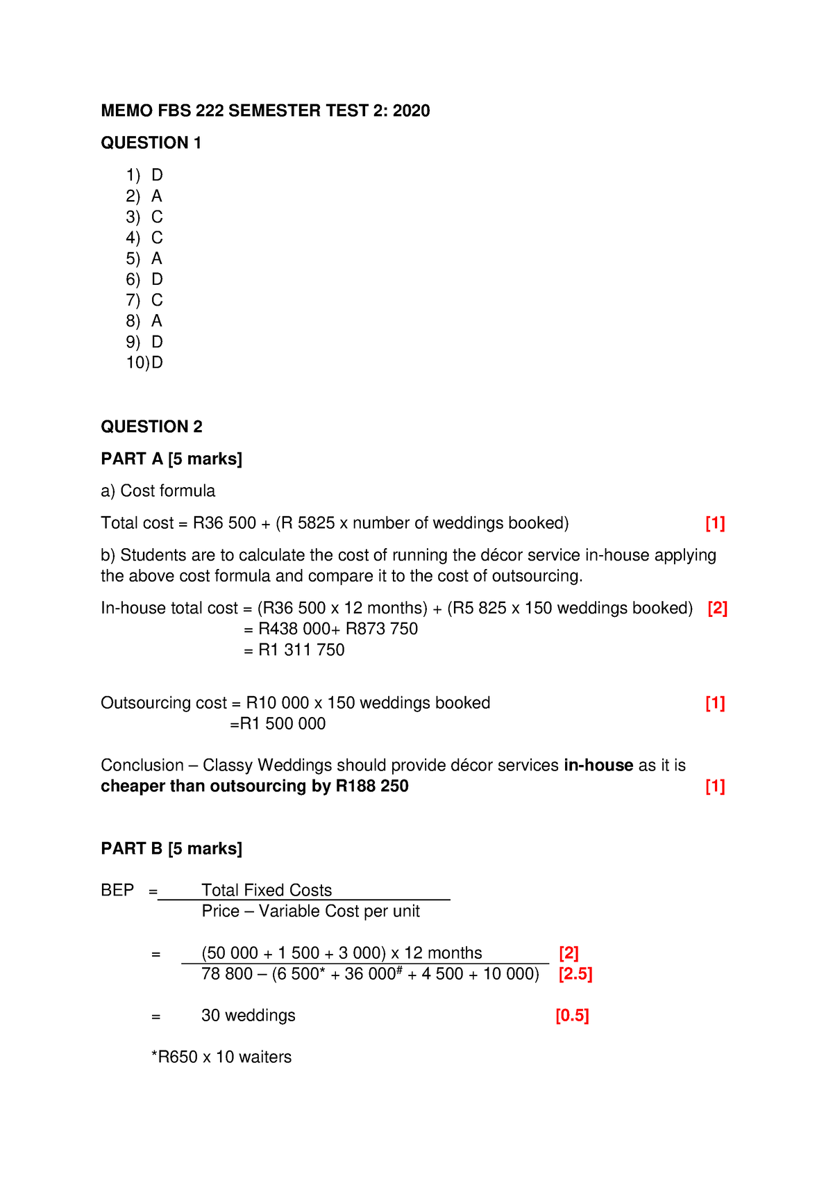 FBS 222 Semester TEST 2 MEMO 2020 Final - MEMO FBS 222 SEMESTER TEST 2: ...