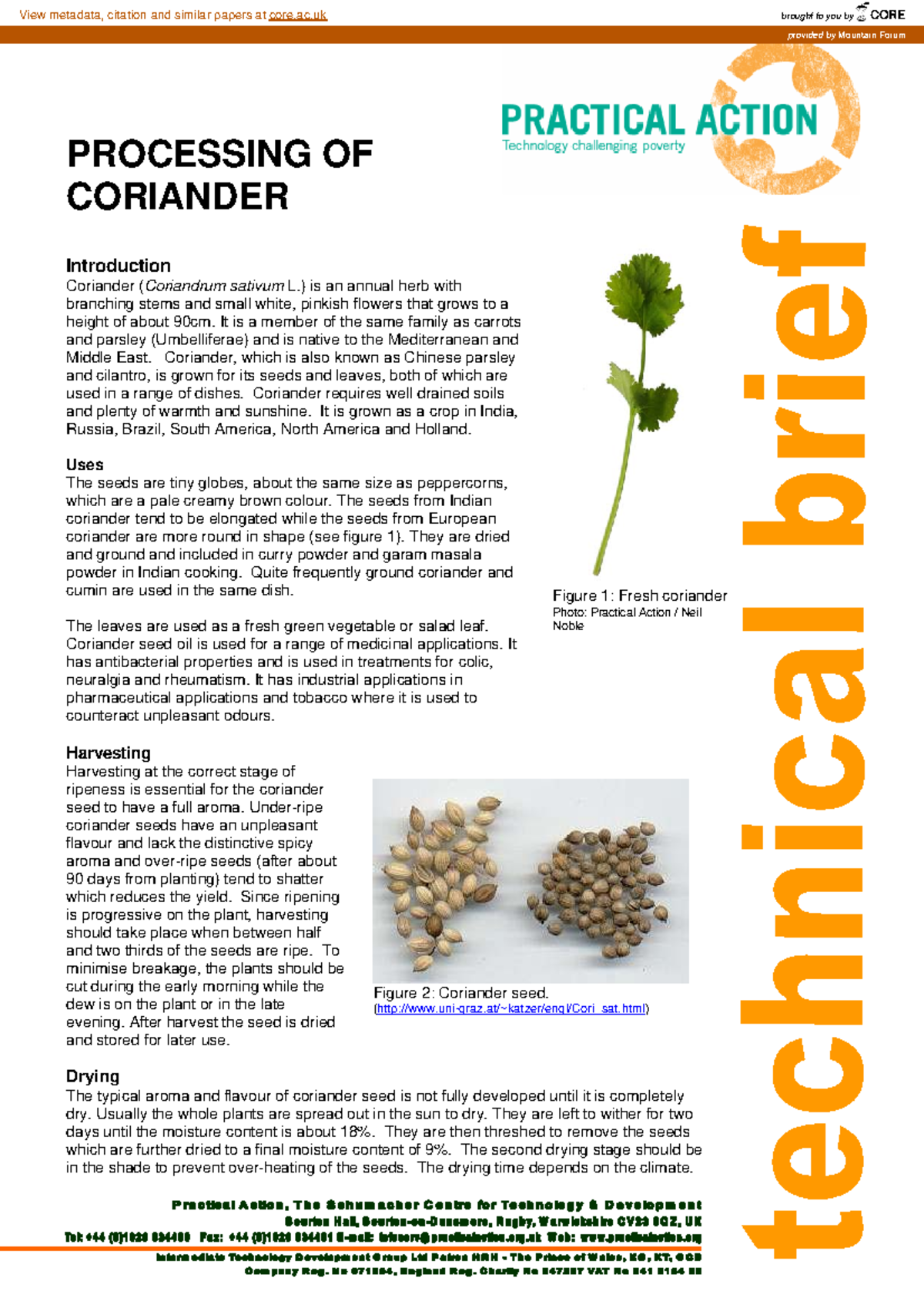 Corriander processing PROCESSING OF CORIANDER Introduction Coriander