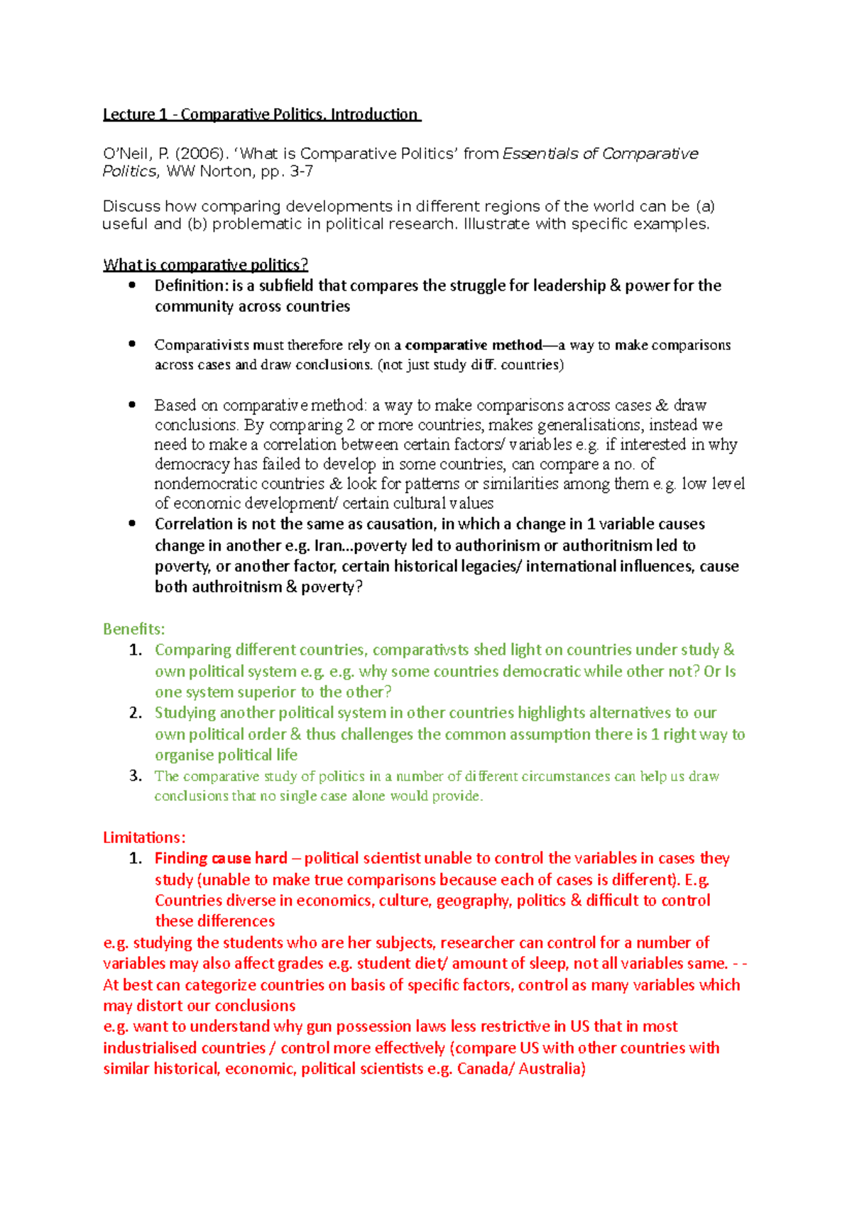 Reading week 1 Comparative Politics - Lecture 1 - Comparative Politics ...